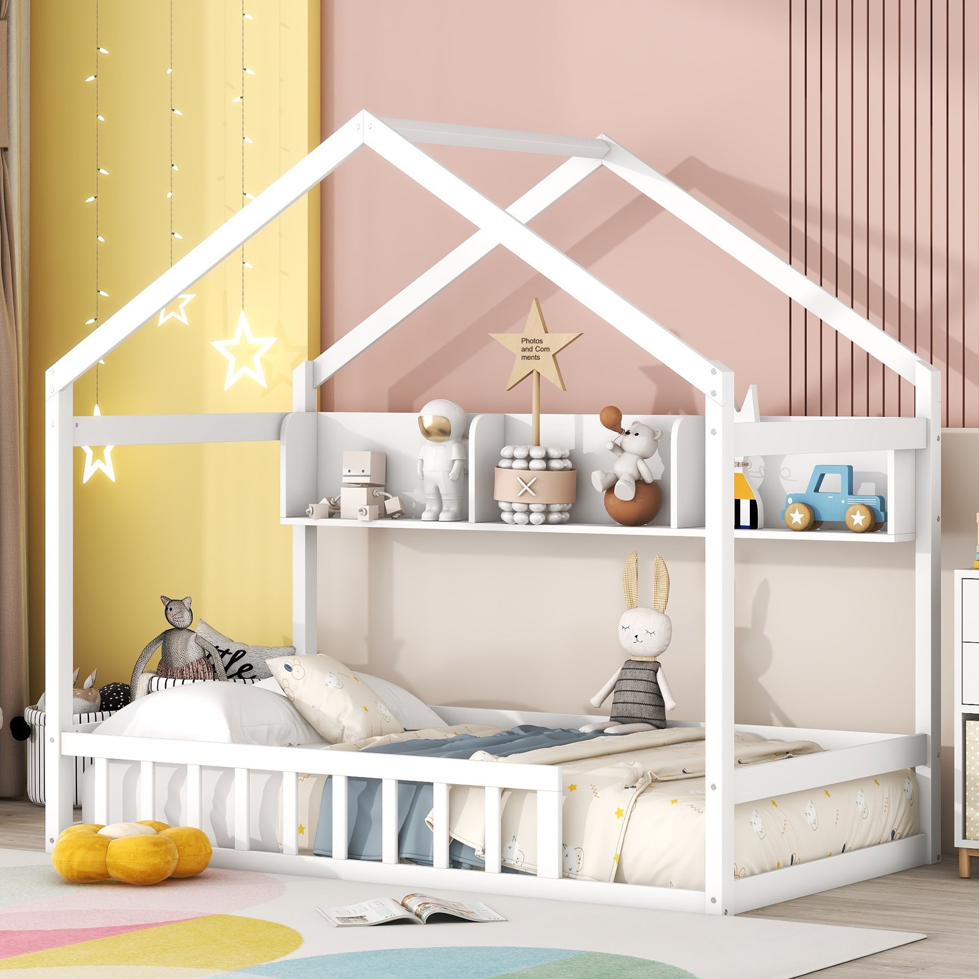 Wooden Twin Size House Bed with Storage Shelf,Kids Bed with Fence and Roof, White - Atlantic Fine Furniture Melbourne FL