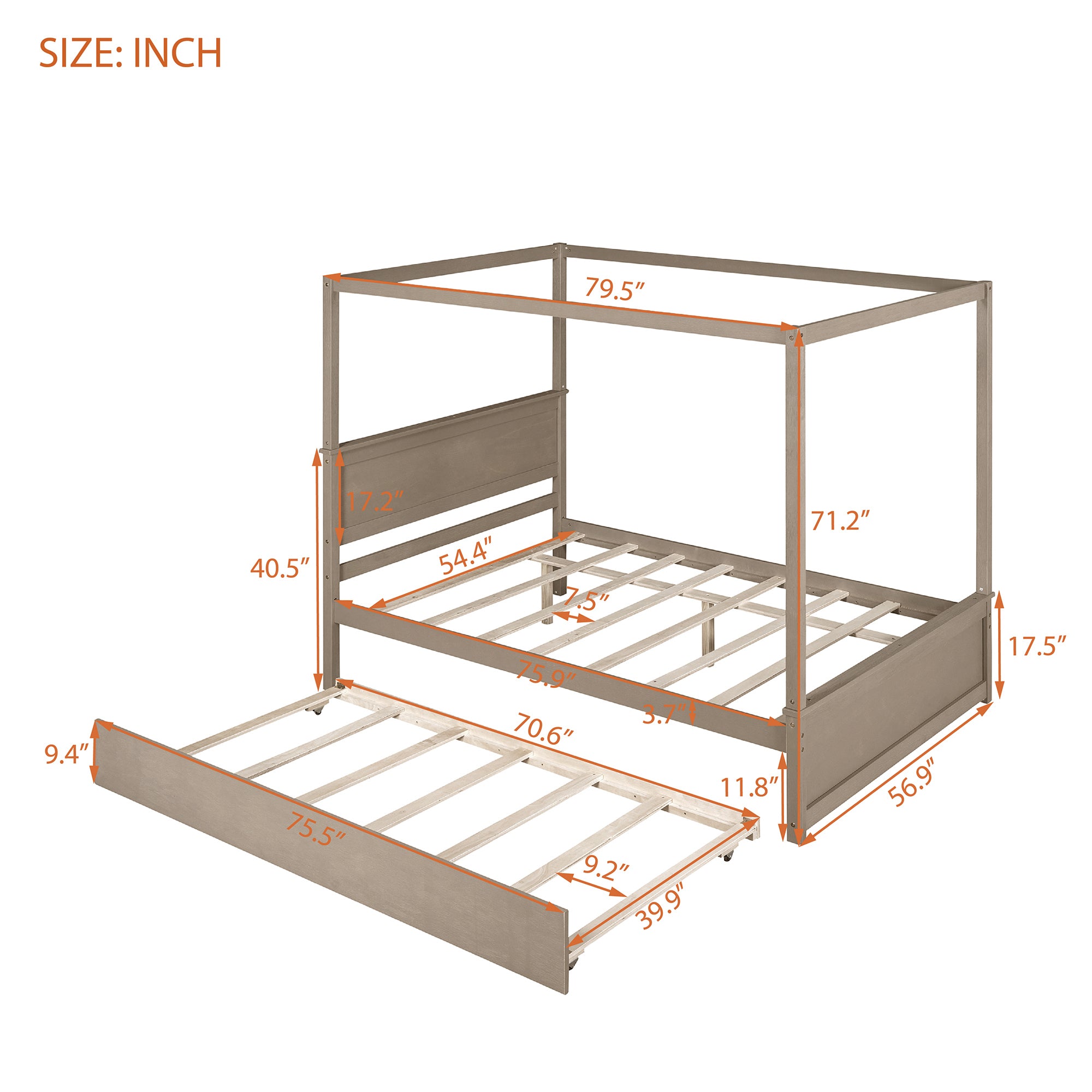 Wood Canopy Bed with Trundle Bed ,Full Size Canopy Platform bed With Support Slats .No Box Spring Needed, Brushed Light Brown - Atlantic Fine Furniture Melbourne FL