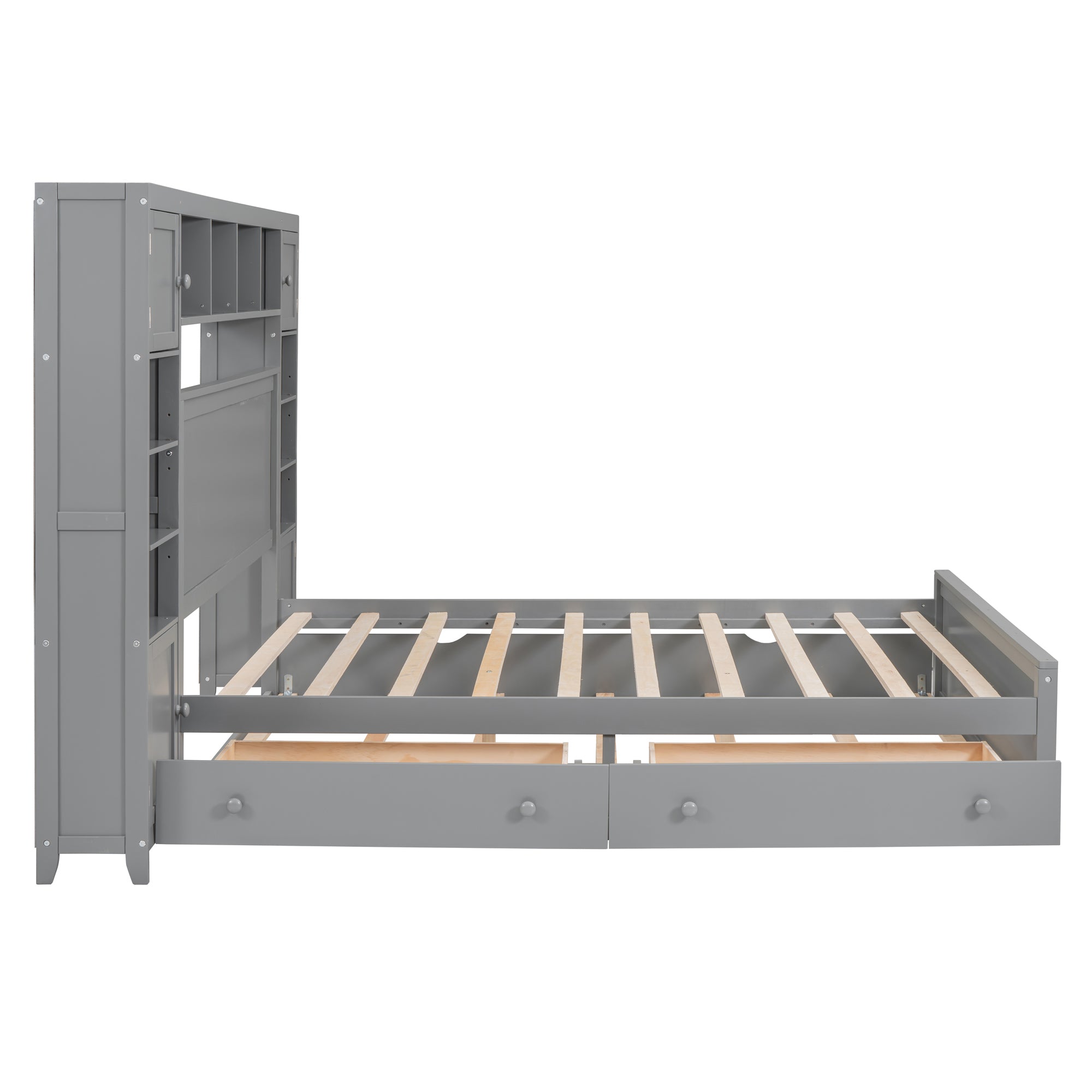 Queen Size Wooden Bed With All-in-One Cabinet, Shelf and Sockets, Gray - Atlantic Fine Furniture Melbourne FL