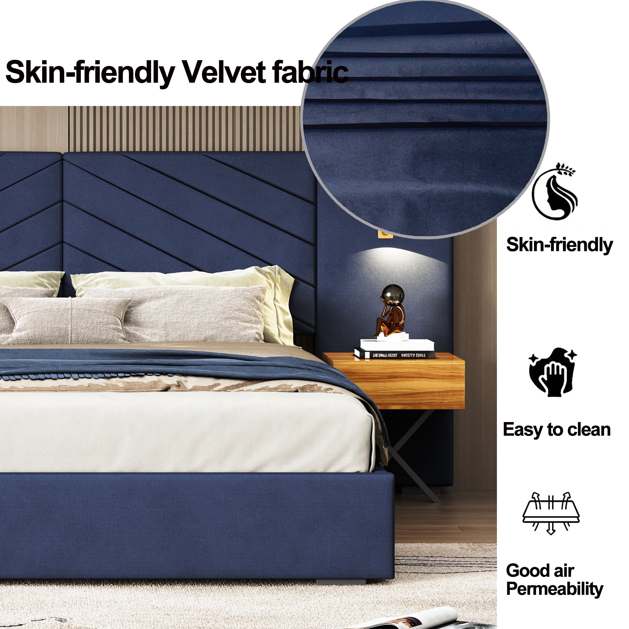 King Size Velvet Bed Frame/Vertical Channel Tufted Wingback Headboard/Upholstered Platform Bed/Strong Wooden Slats/No Box Spring Needed/Easy AssemblyRoyal blue
