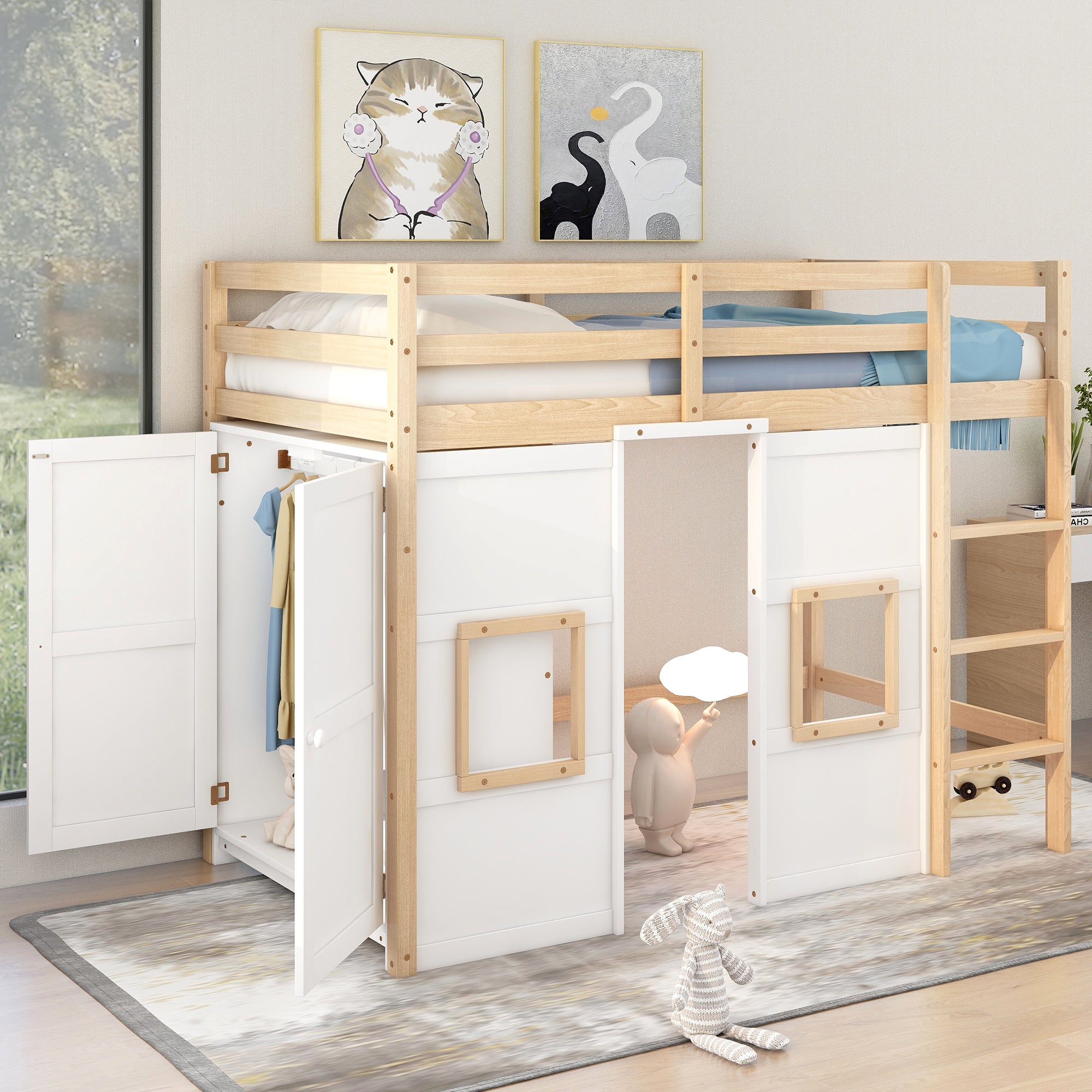 Wood Twin Size Loft Bed with Built-in Storage Wardrobe and 2 Windows, Natural/White - Atlantic Fine Furniture Melbourne FL