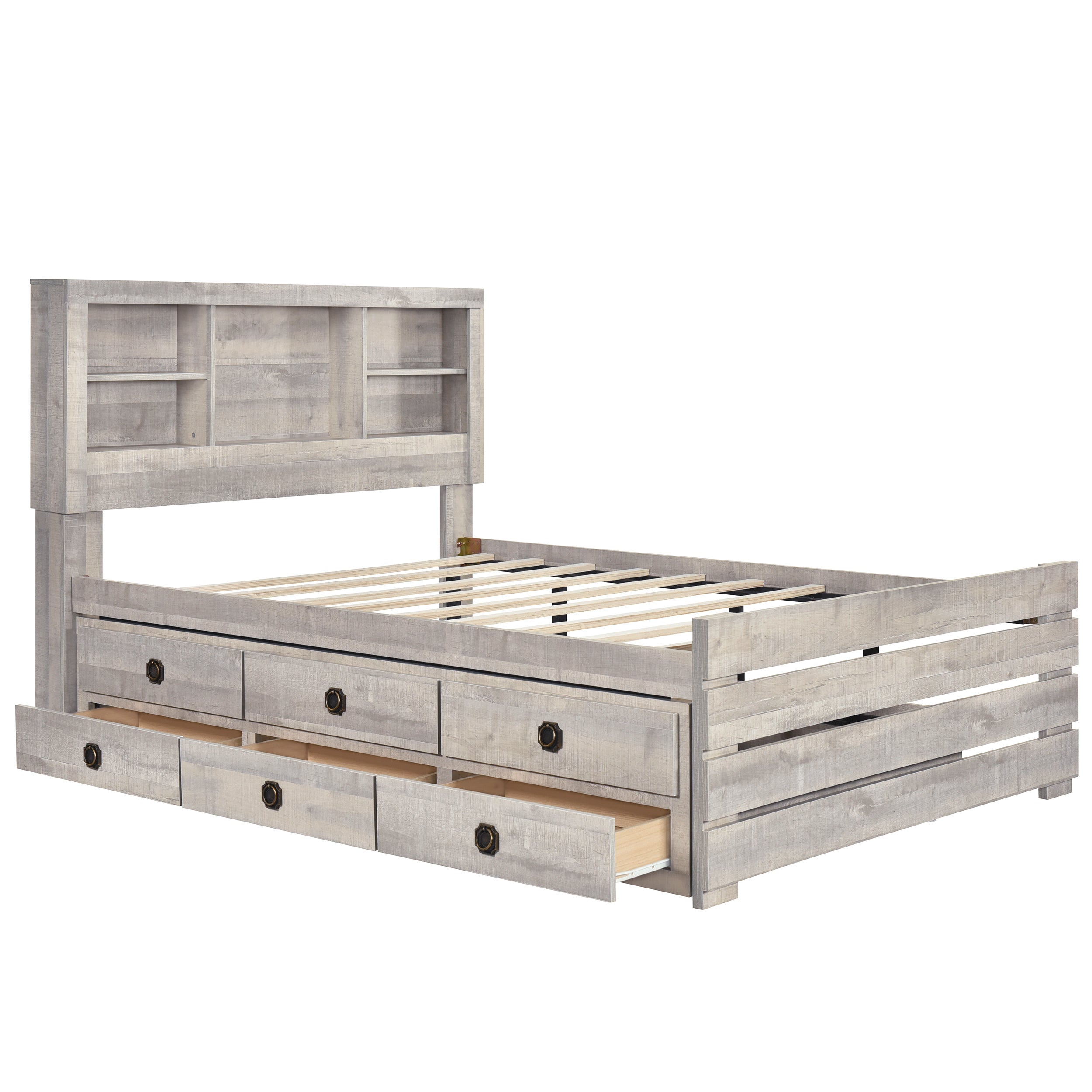 Farmhouse Style Full Size Bookcase Captain Bed with Three Drawers and Trundle, Rustic White - Atlantic Fine Furniture Melbourne FL