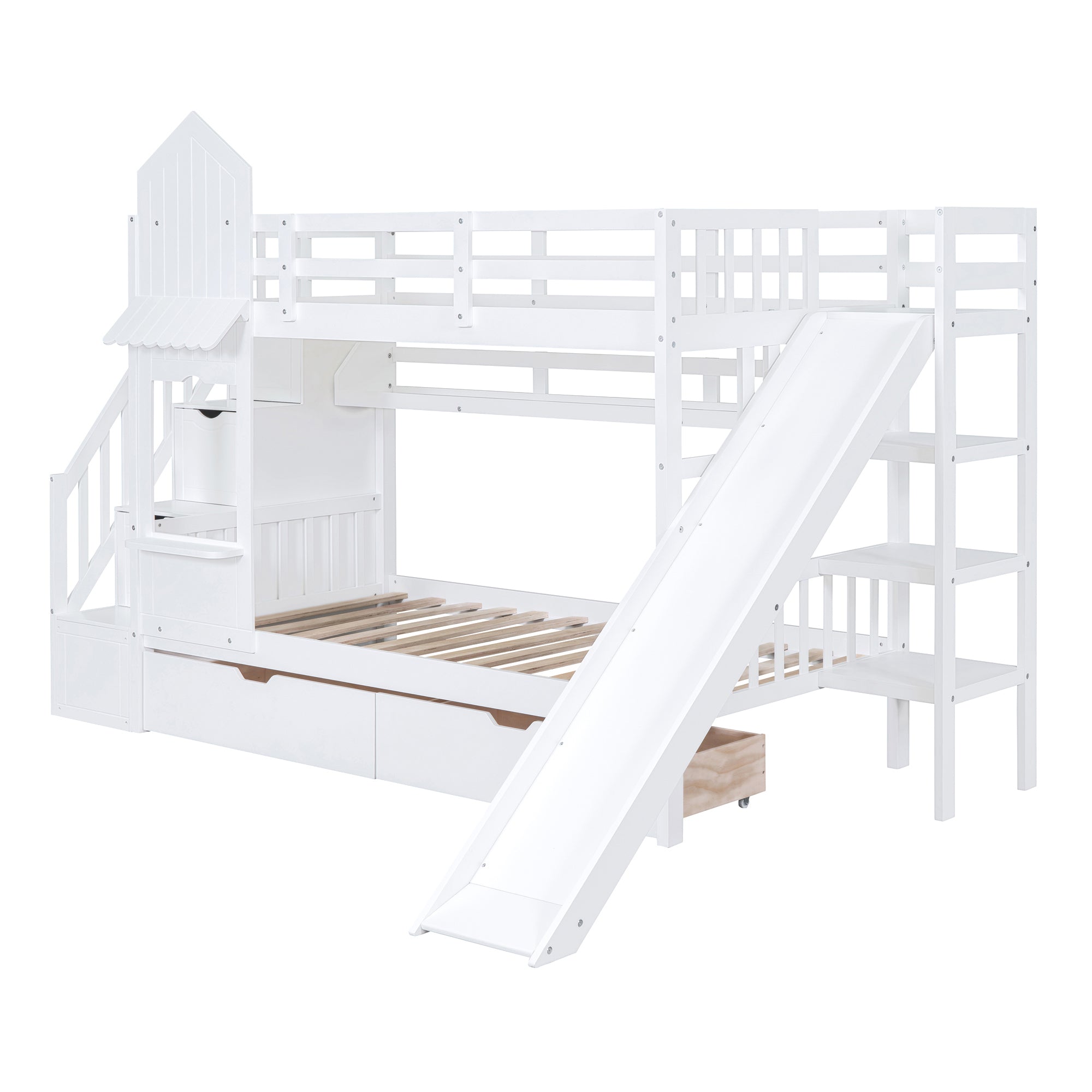Twin-Over-Twin Castle Style Bunk Bed with 2 Drawers 3 Shelves and Slide - White - Atlantic Fine Furniture Melbourne FL