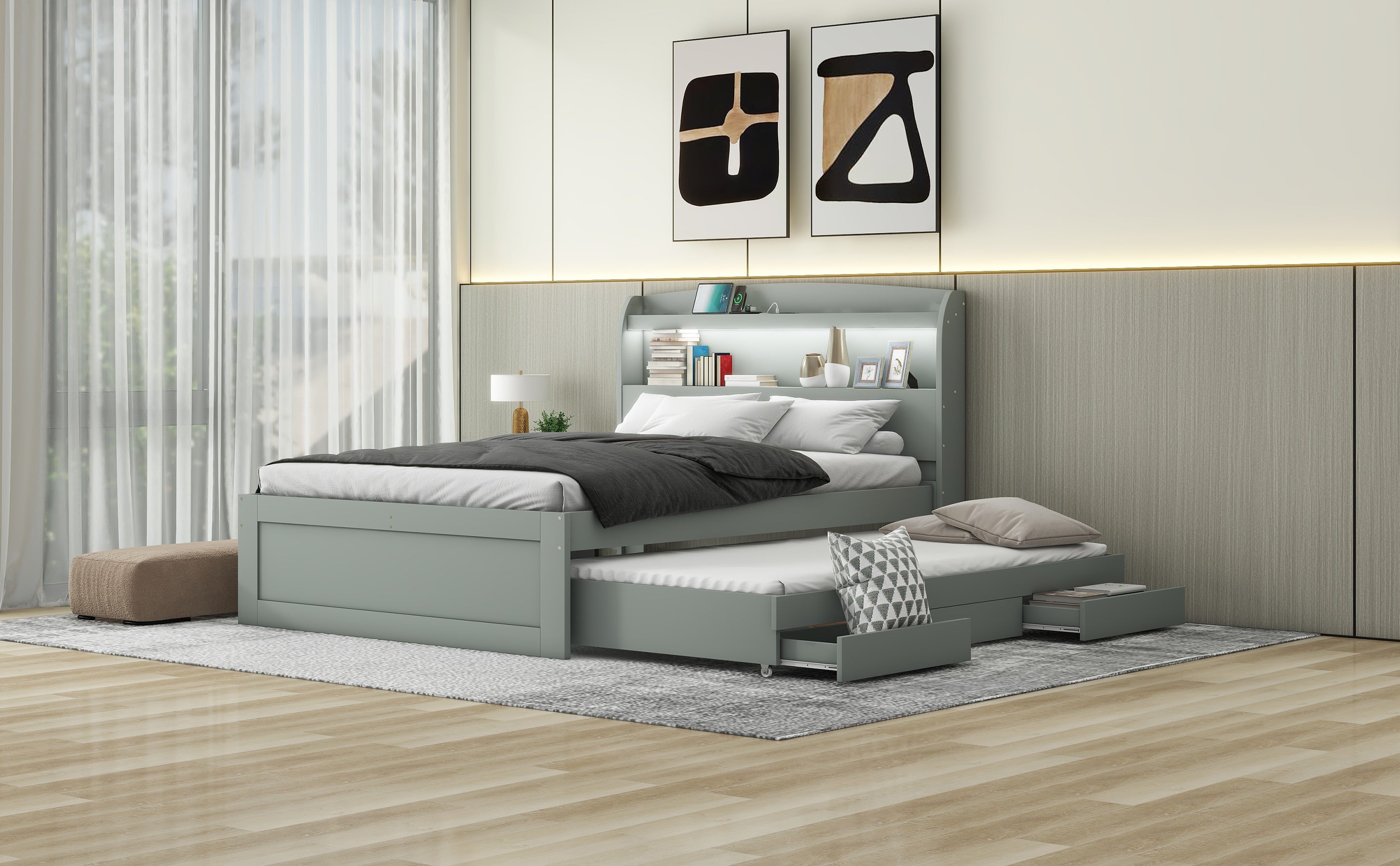 Full XL Size Platform Bed with Storage LED Headboard, Charging Station, Twin Size Trundle and 2 Drawers, Gray - Atlantic Fine Furniture Melbourne FL