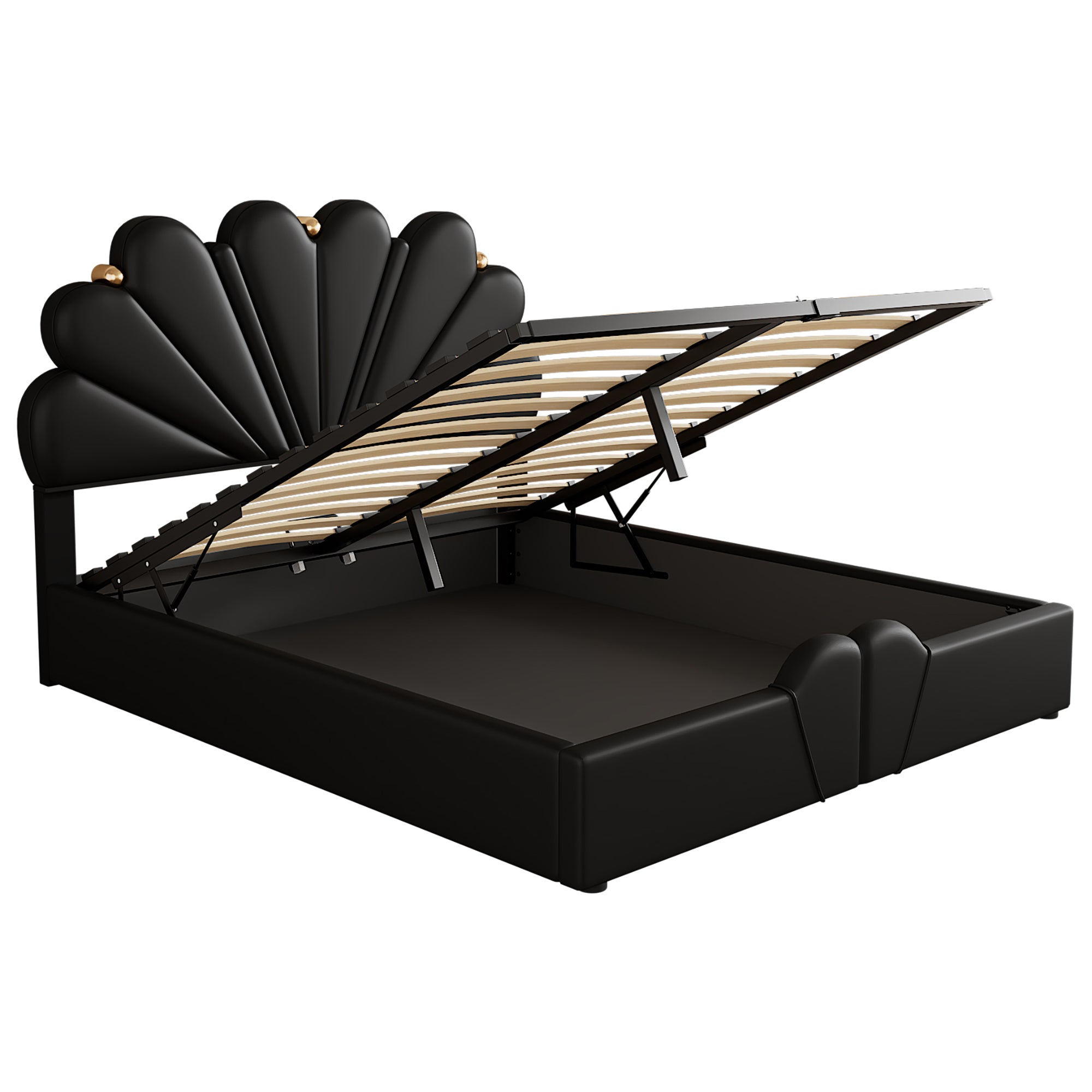 Queen Size Upholstered Petal Shaped Platform Bed with Hydraulic Storage System, PU Storage Bed, Decorated with metal balls, Black - Atlantic Fine Furniture Melbourne FL