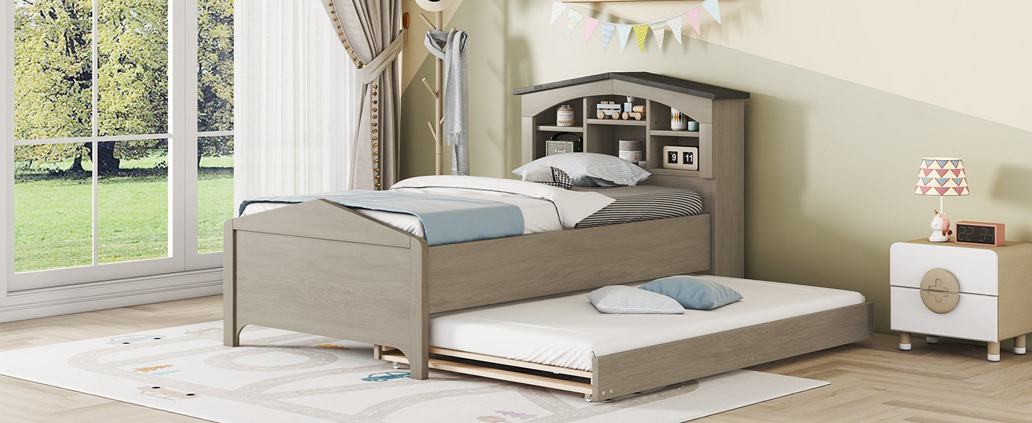 Twin Size Wood Platform Bed with House-shaped Storage Headboard and Trundle, Gray - Atlantic Fine Furniture Melbourne FL