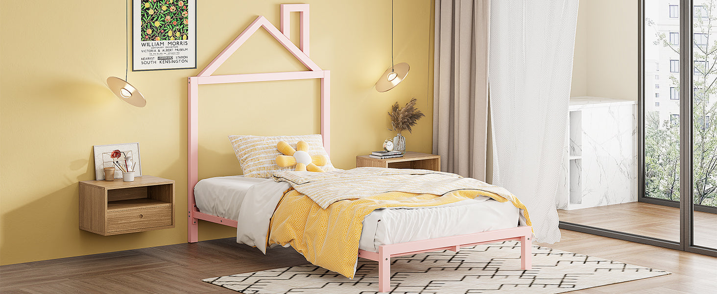 Twin Size Metal Platform Bed with House-Shaped Headboard Design, Pink - Atlantic Fine Furniture Melbourne FL
