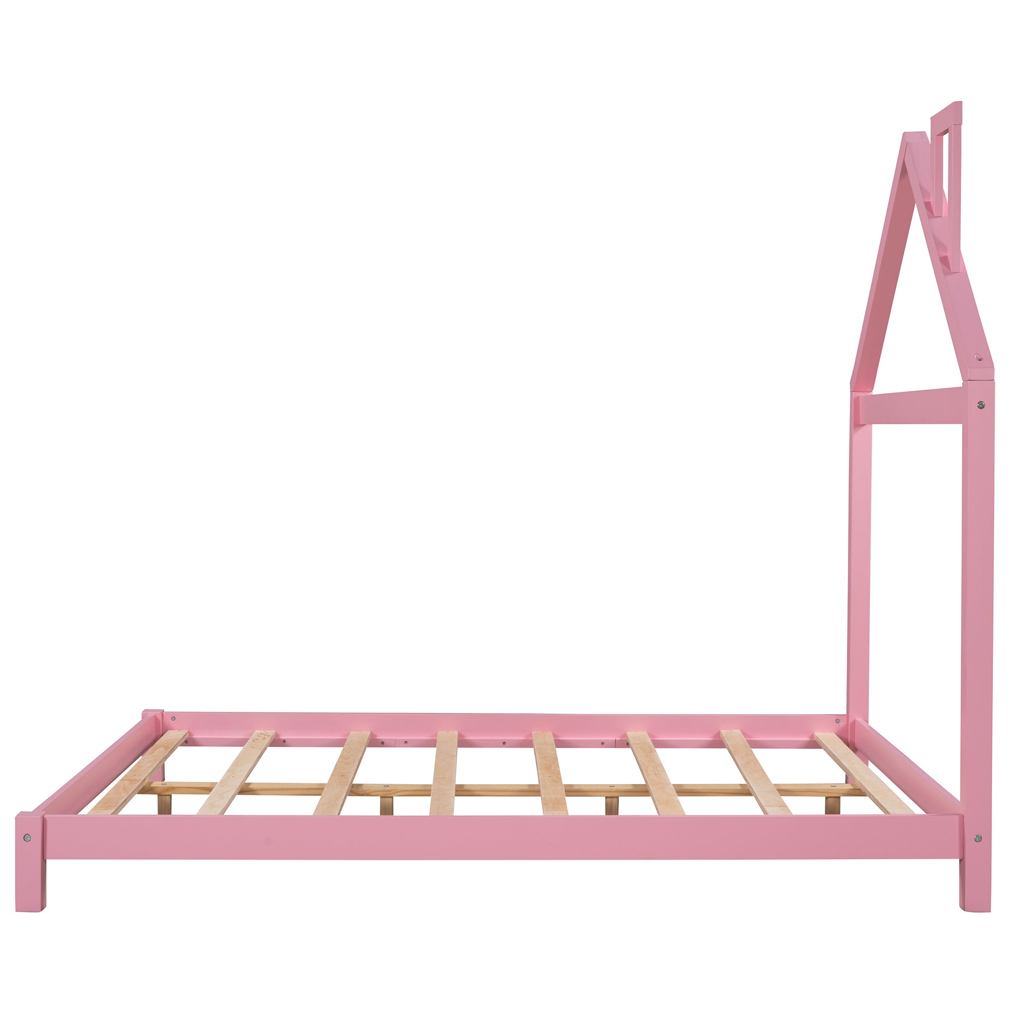 Full Size Wood Platform Bed with House-shaped Headboard (Pink)
