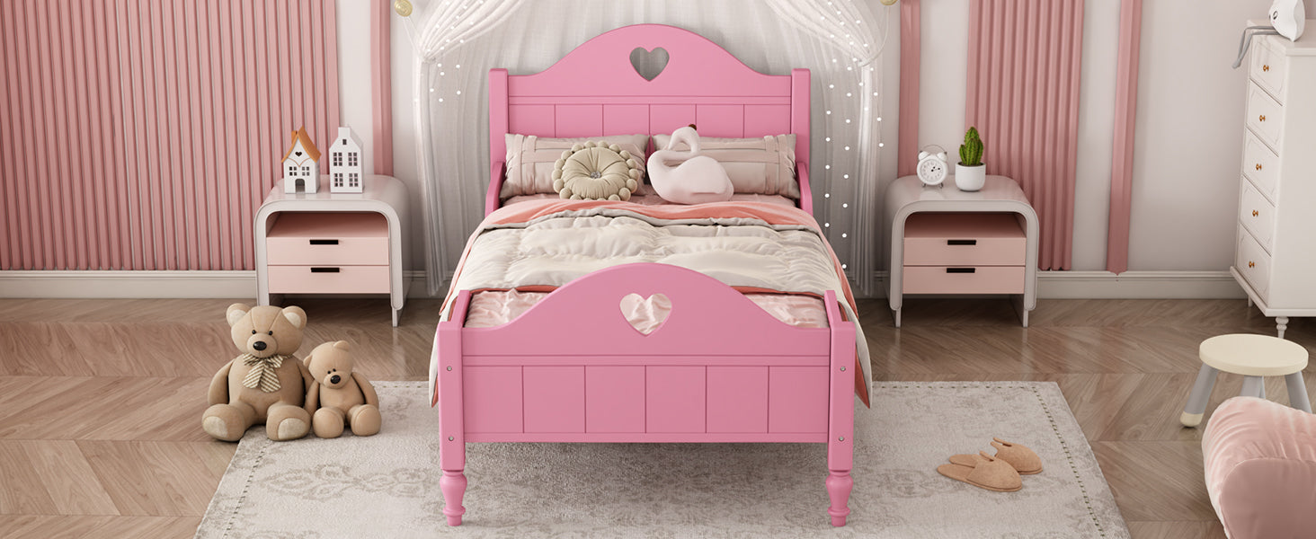 Girl's Love Princess Bed Macaron Twin Size Toddler Bed with Side Safety Rails and Headboard and Footboard , Light Pink