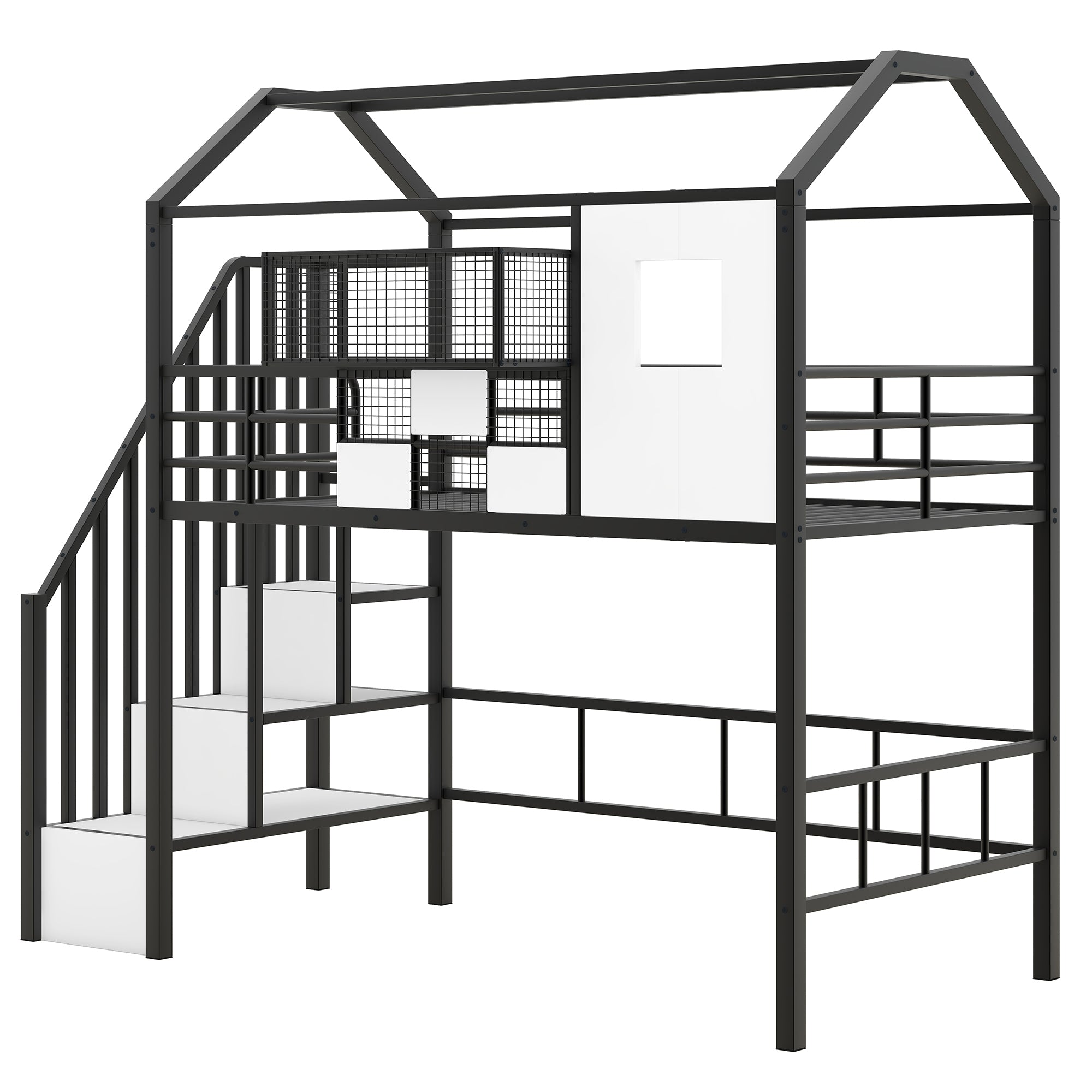 Metal Loft Bed with roof design and a storage box, Twin, Black - Atlantic Fine Furniture Melbourne FL