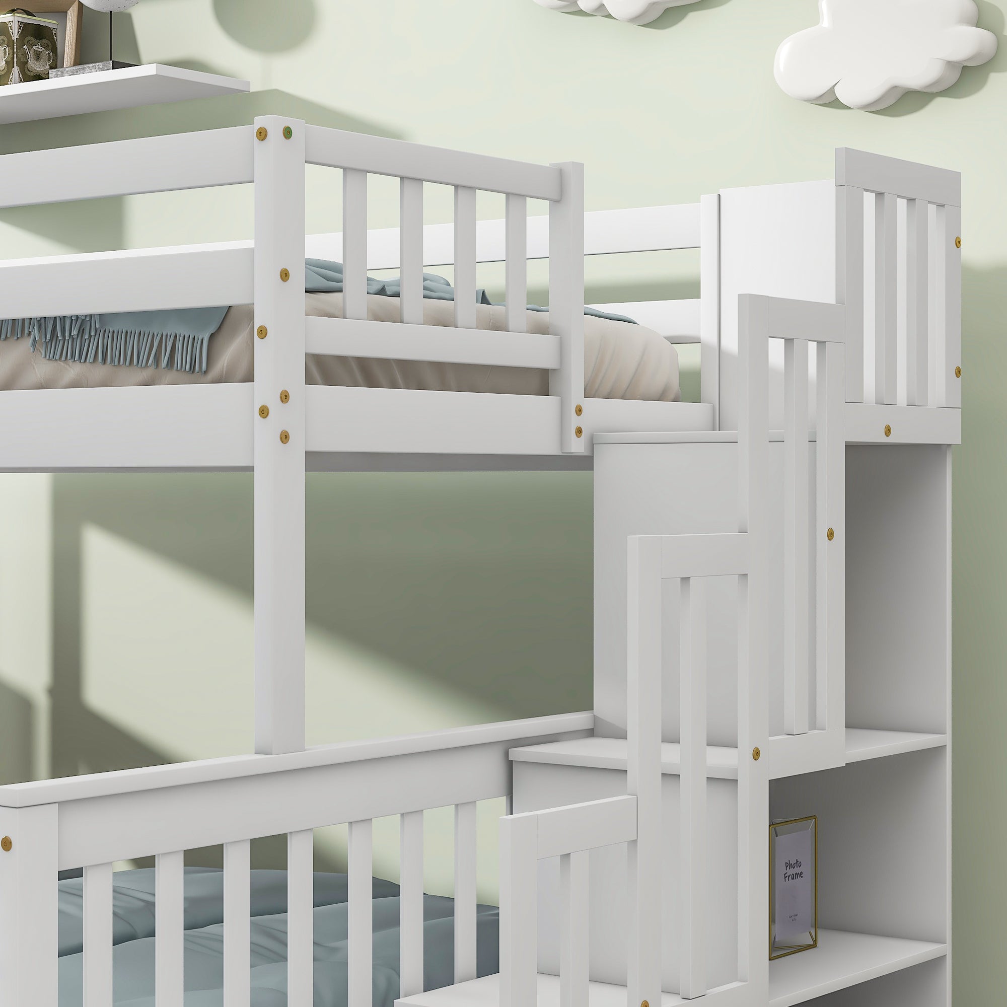 Twin Over Full Bunk Bed with 2 Drawers and Staircases, Convertible into 2 Beds, the Bunk Bed with Staircase and Safety Rails for Kids, Teens, Adults, White - Atlantic Fine Furniture Melbourne FL