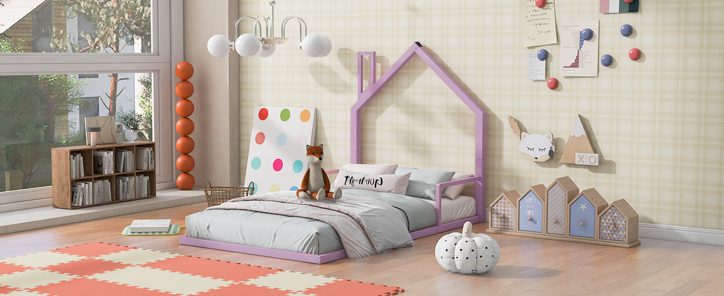 Twin Size Metal Floor Bed with House-shaped Headboard, Pink - Atlantic Fine Furniture Melbourne FL