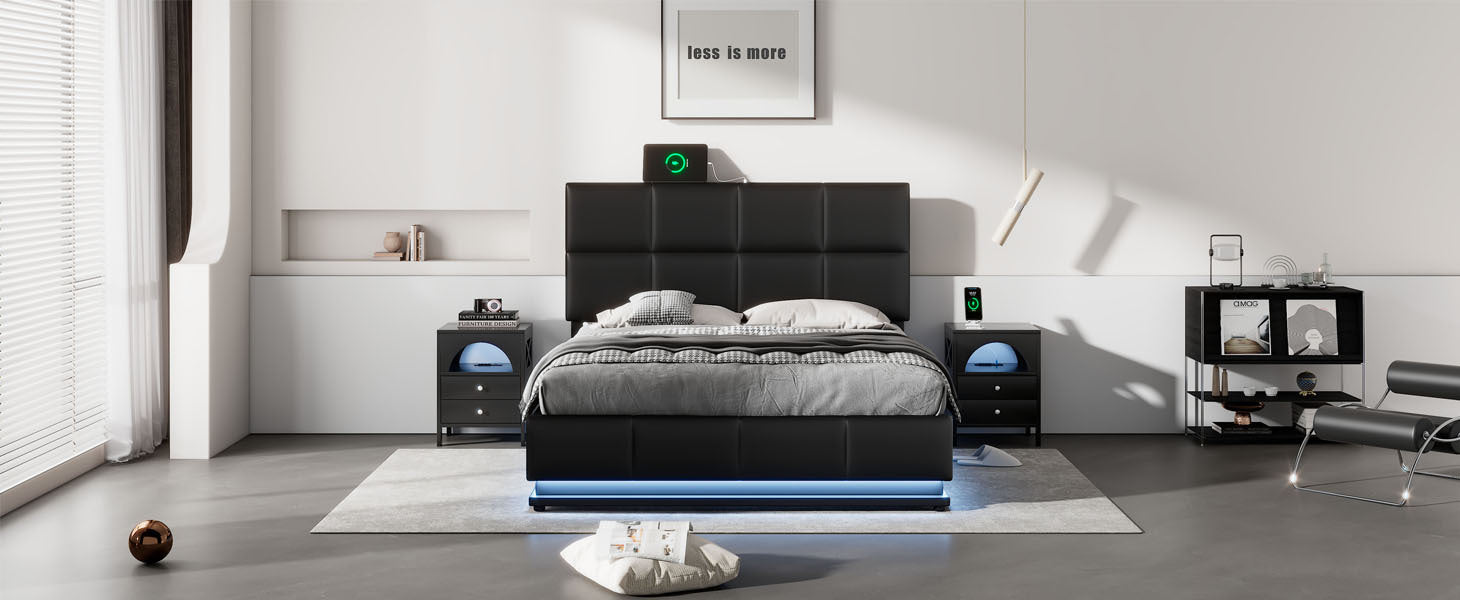 Full Size Tufted Upholstered Platform Bed with Hydraulic Storage System,PU Storage Bed with LED Lights and USB charger, Black - Atlantic Fine Furniture Melbourne FL