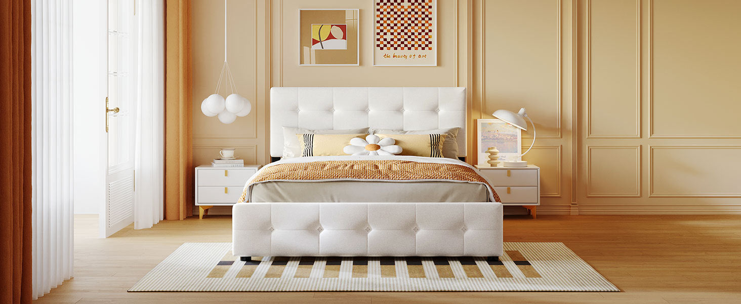 Upholstered Platform Bed with Classic Headboard and 4 Drawers, No Box Spring Needed, Linen Fabric, Queen Size White - Atlantic Fine Furniture Melbourne FL
