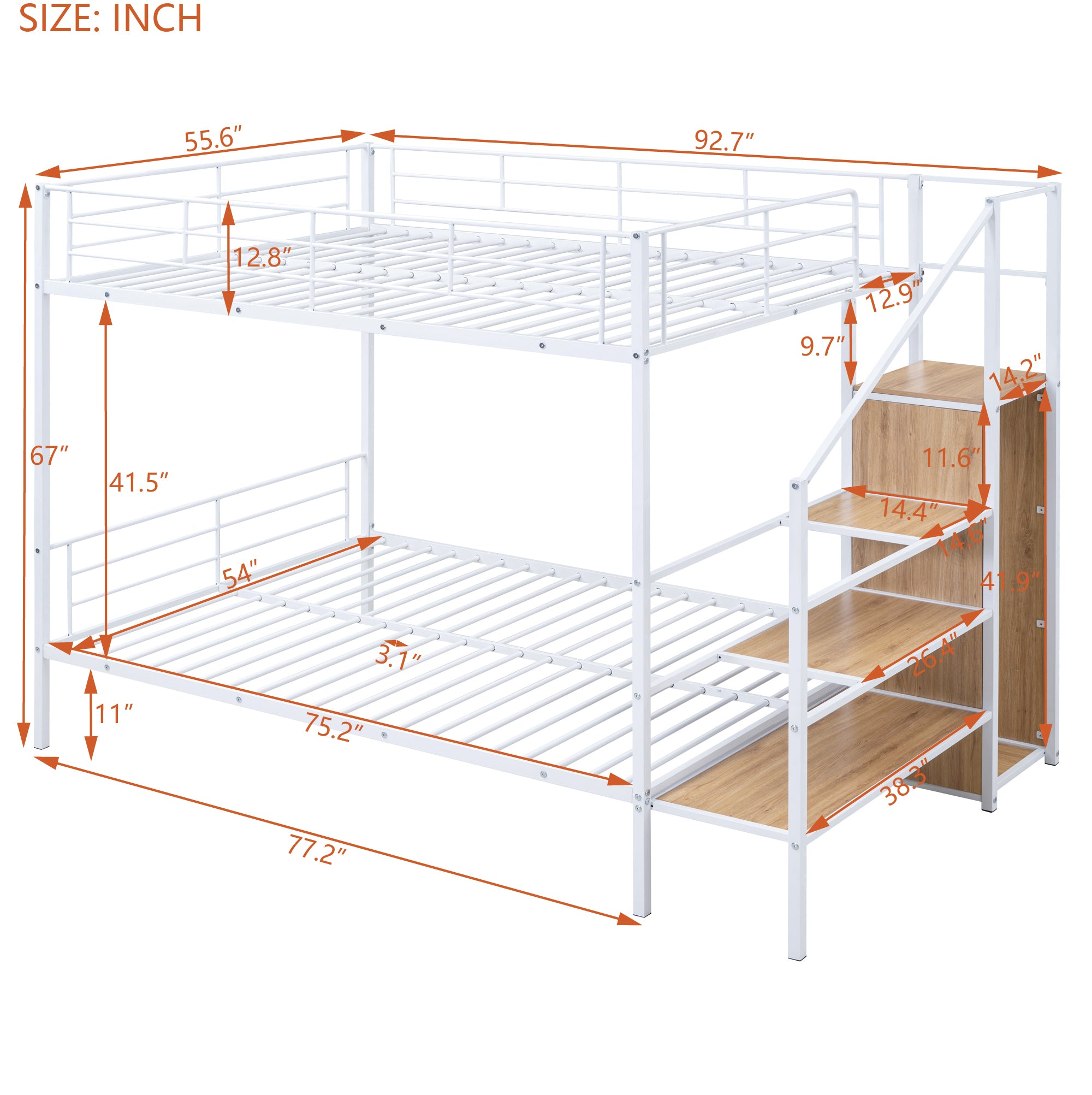 Full Over Full Metal Bunk Bed with Lateral Storage Ladder and Wardrobe, White - Atlantic Fine Furniture Melbourne FL