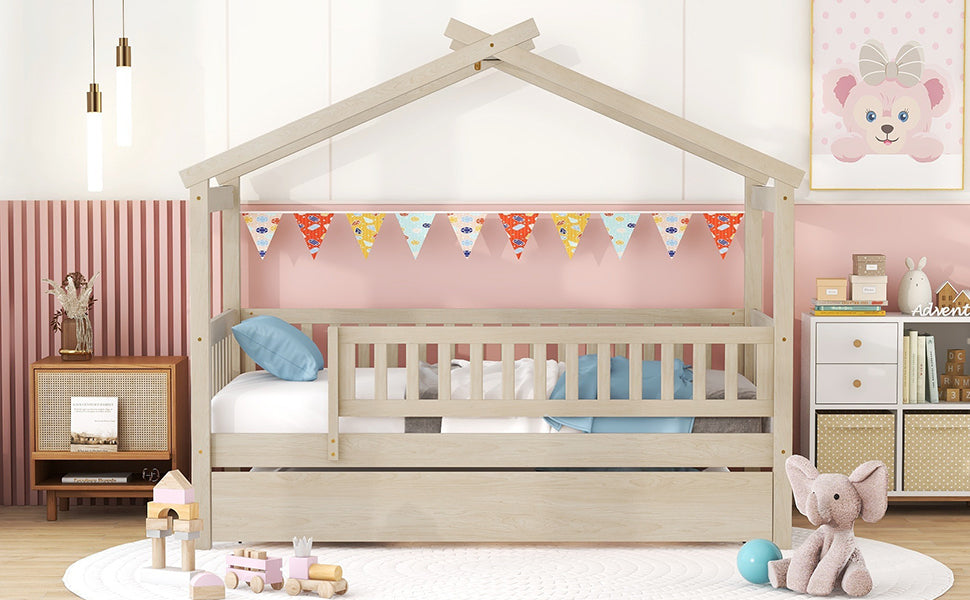 Twin Size Wooden House Bed with Twin Size Trundle, Natural - Atlantic Fine Furniture Melbourne FL