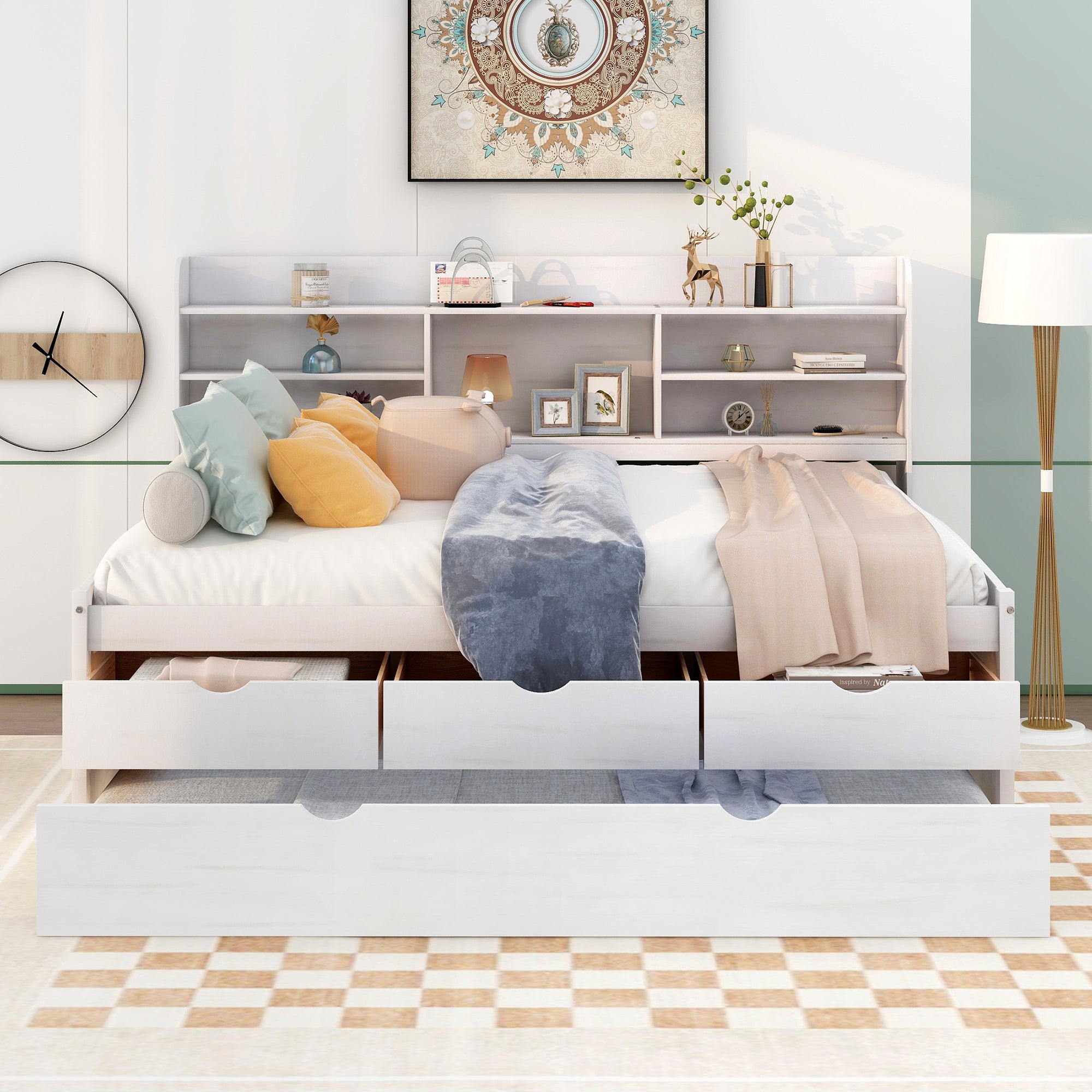 Full Size Wooden Captain Bed with Built-in Bookshelves,Three Storage Drawers and Trundle,White Wash - Atlantic Fine Furniture Melbourne FL