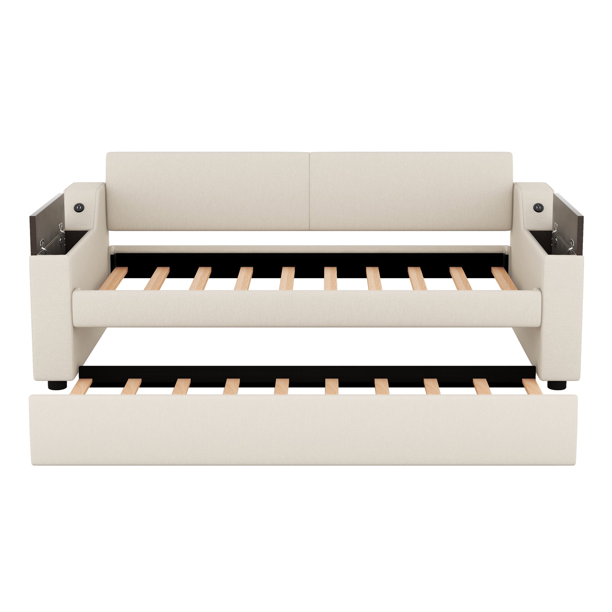 Twin Size Upholstery Daybed with Storage Arms, Trundle and USB Design, Beige - Atlantic Fine Furniture Melbourne FL
