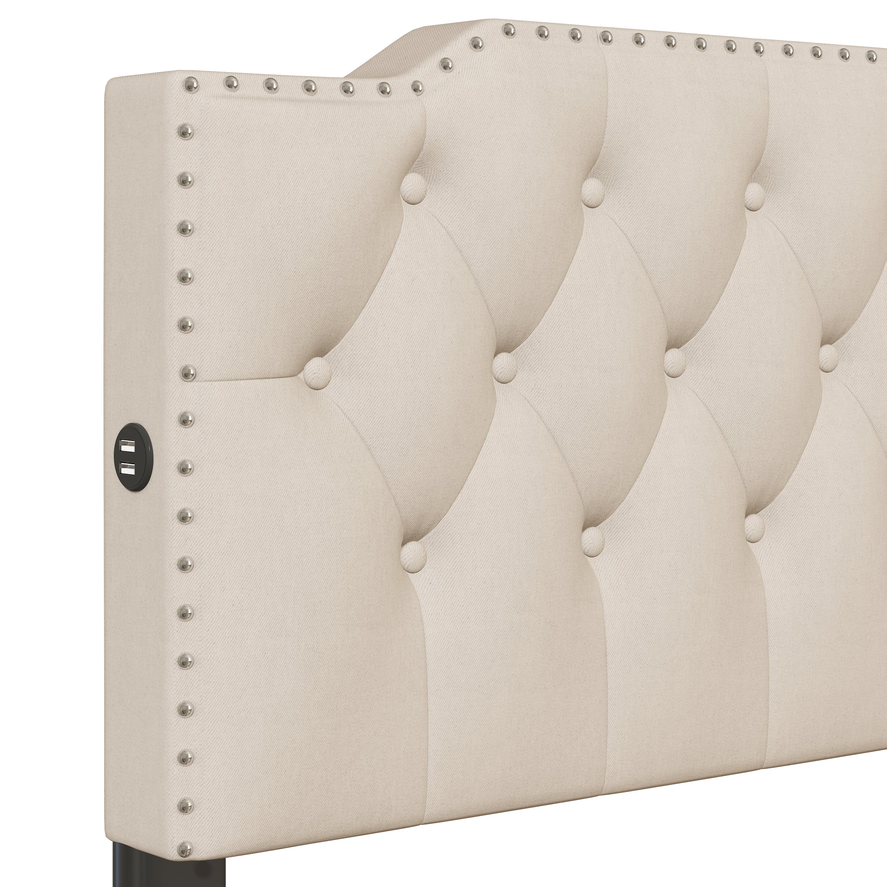 Queen Size Upholstered Platform Bed with 2 Drawers and 2 sets of USB Ports on each side, Linen Fabric, Beige - Atlantic Fine Furniture Melbourne FL
