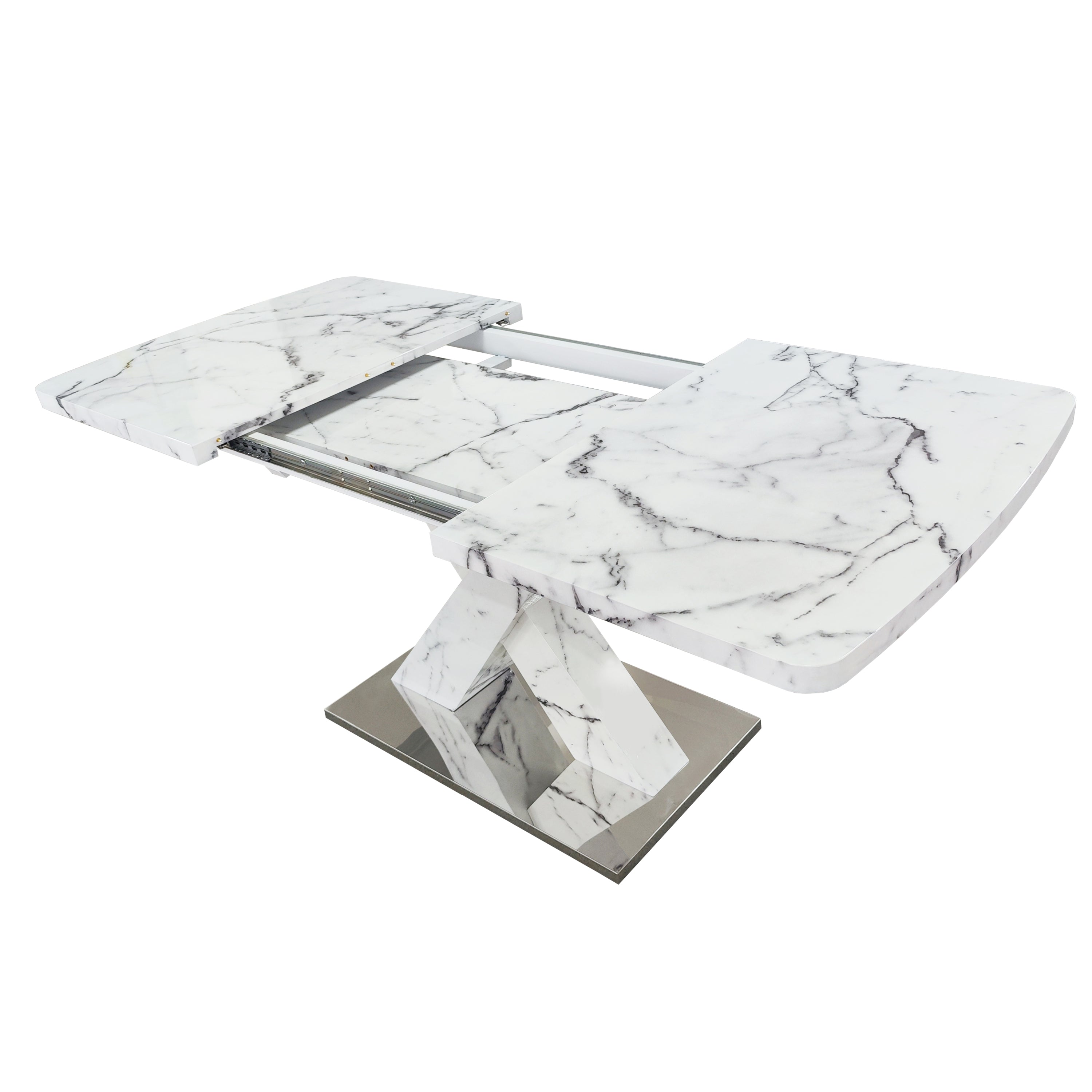 Modern Square Dining Table, Stretchable, with Printed White Marble Table Top+MDF X-Shape Table Leg with Metal Base