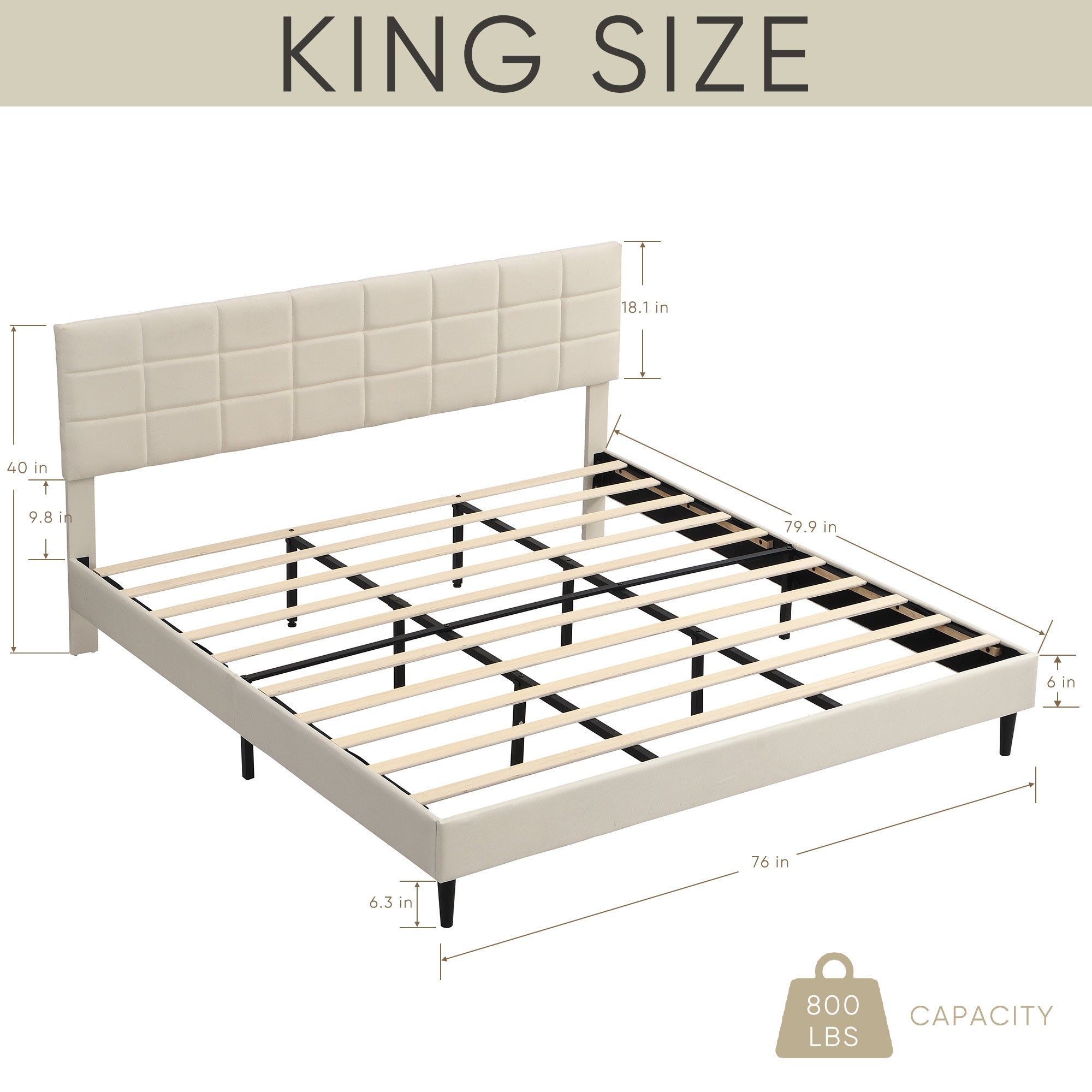 King Size Platform Bed Frame with Fabric Upholstered Headboard and Wooden Slats, No Box Spring Needed/Easy Assembly, Dark Beige - Atlantic Fine Furniture Melbourne FL