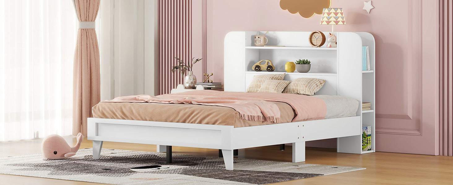 Full Size Platform Bed with Storage Headboard,Multiple Storage Shelves on Both Sides,White - Atlantic Fine Furniture Melbourne FL