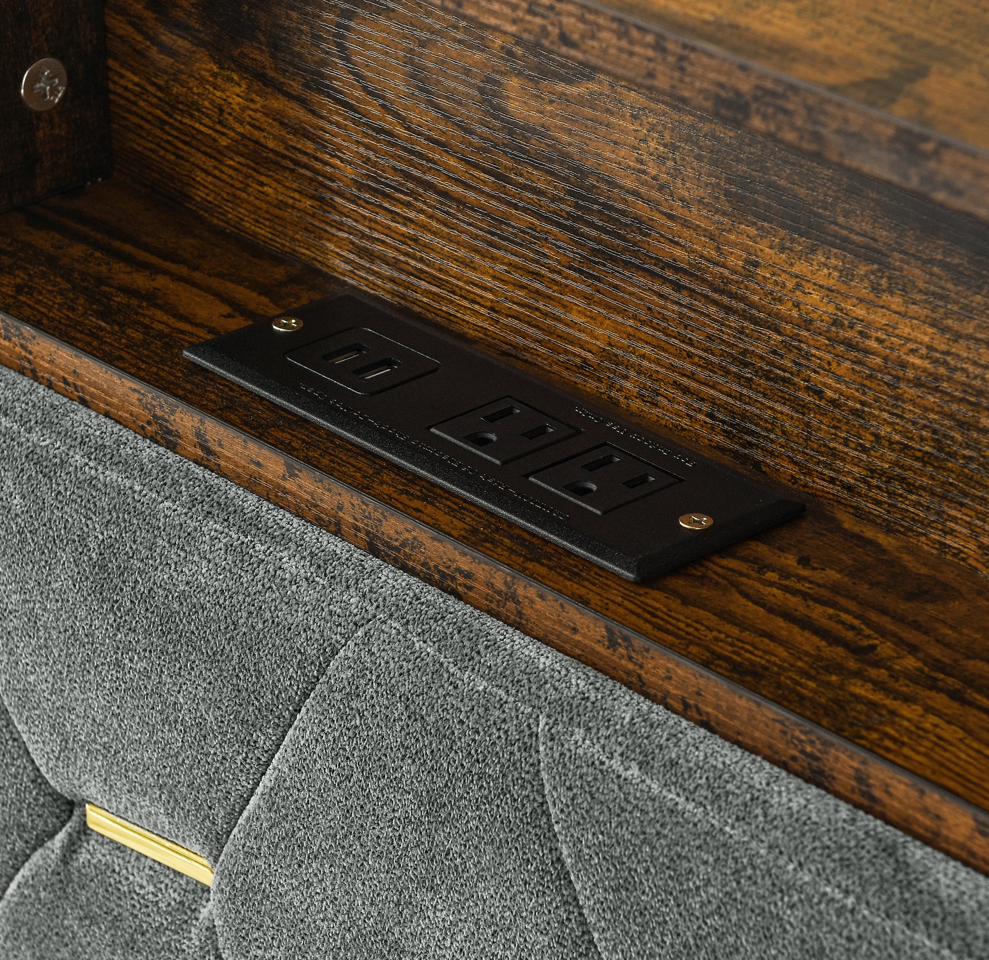 Full Size Bed Frame, Shelf Upholstered Headboard, Platform Bed with Outlet & USB Ports, Wood Legs, No Box Spring Needed, Easy Assembly, Grey