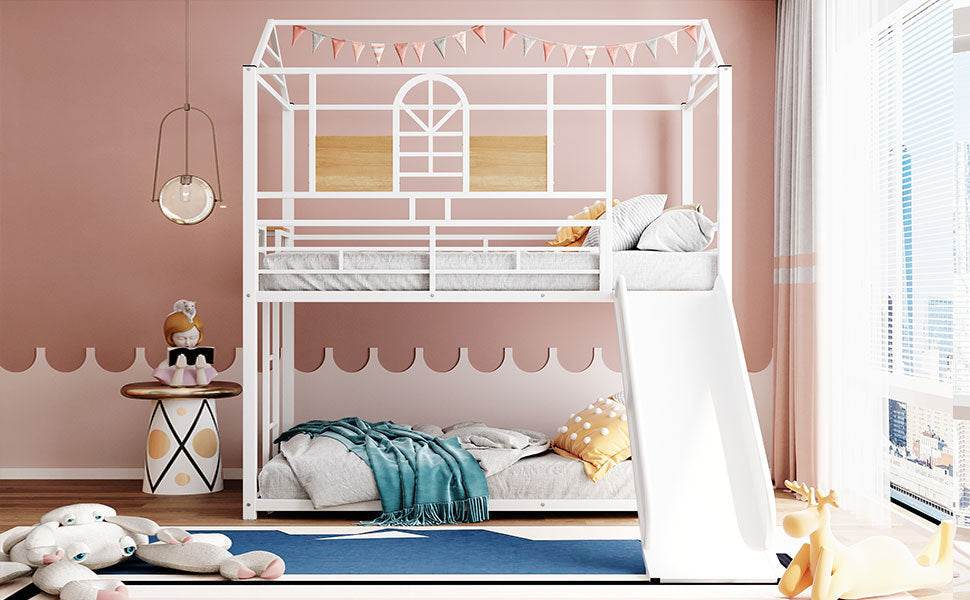 Twin Over Twin Metal Bunk Bed ,Metal Housebed With Slide,Three Colors Available.(White with White Slide)(OLD SKU :LP000095AAK)