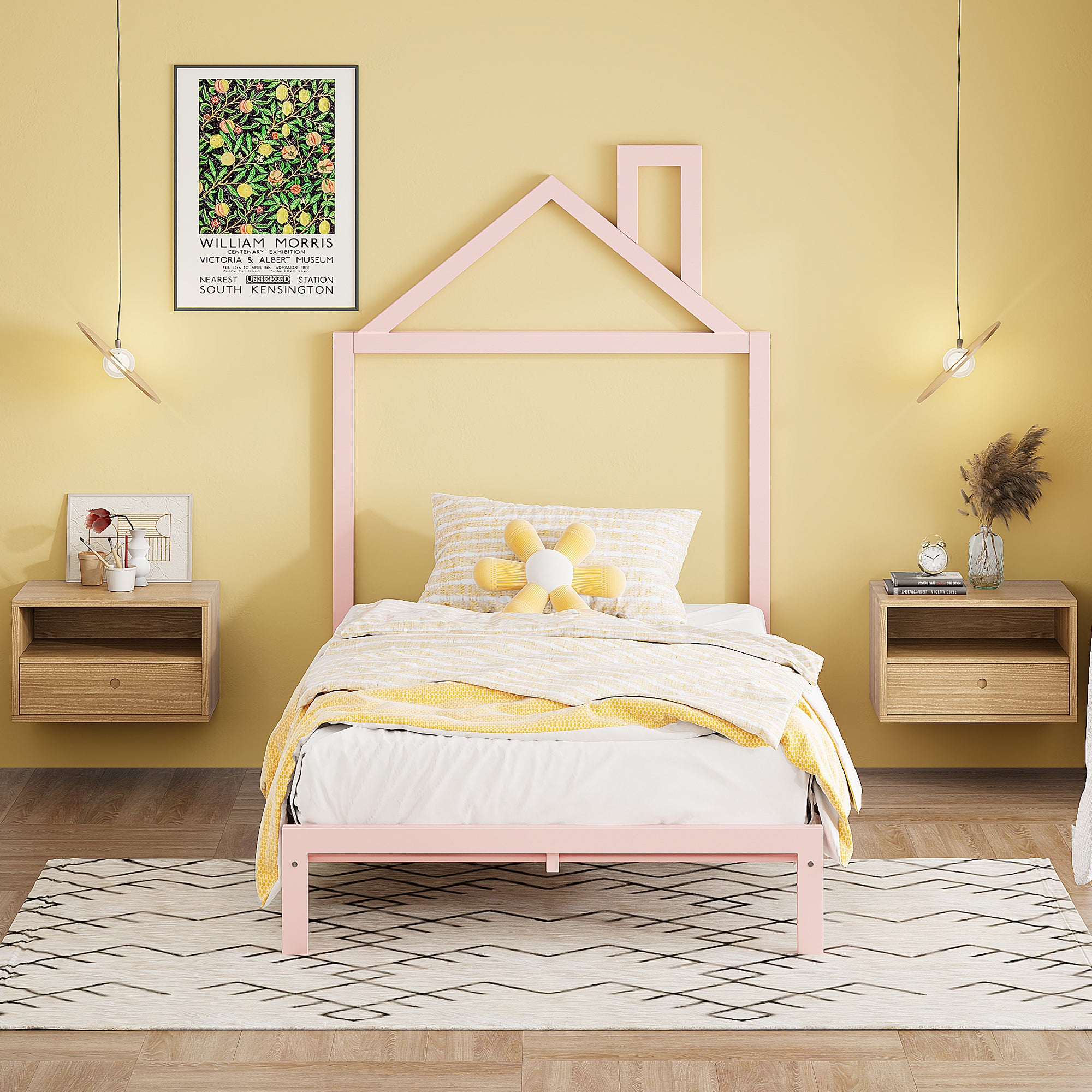 Twin Size Metal Platform Bed with House-Shaped Headboard Design, Pink - Atlantic Fine Furniture Melbourne FL
