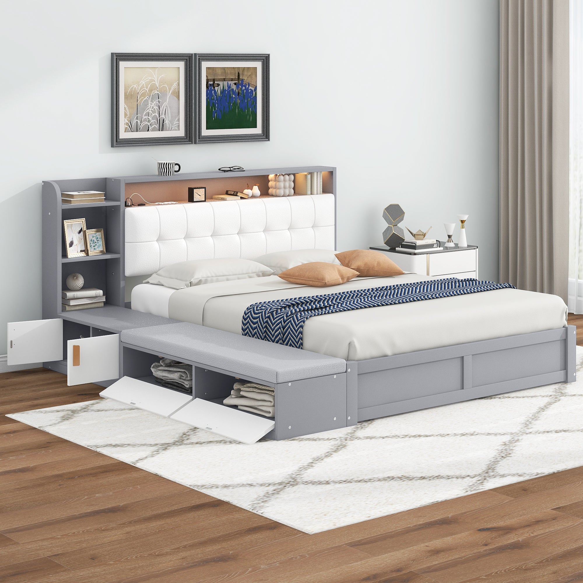 Queen Size Platform Bed Frame with Upholstery Headboard and Storage Shelves and,USB Charging,Gray - Atlantic Fine Furniture Melbourne FL
