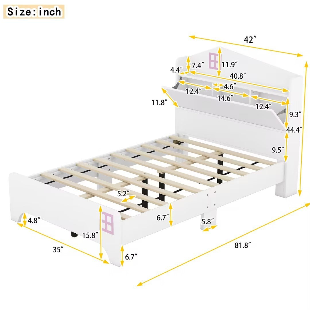 Wooden Twin Size House Bed with Storage Headboard ,Kids Bed with Storage Shelf, White - Atlantic Fine Furniture Melbourne FL