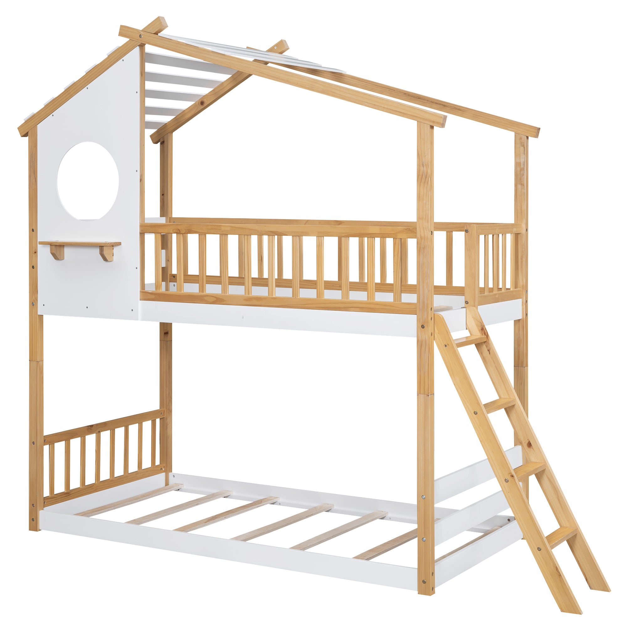 Twin Over Twin Bunk Bed Wood Bed with Roof, Window, Ladder,Natural(OLD SKU :LT100008AAD) - Atlantic Fine Furniture Melbourne FL