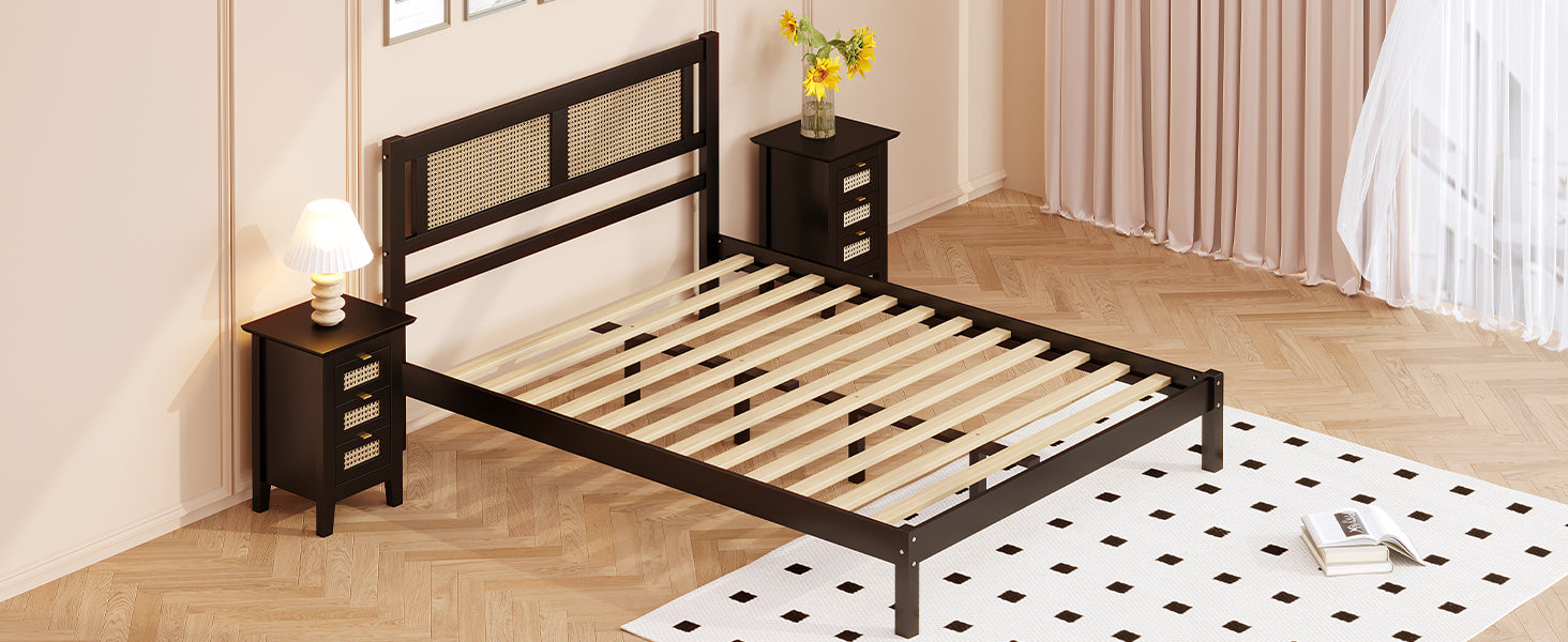 Full Size Wooden Platform Bed with Natural Rattan Headboard, Exquisite Elegance with Minimalist Charm for Bedroom, Black - Atlantic Fine Furniture Melbourne FL