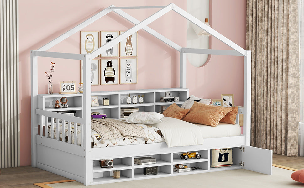 Twin Size Wooden House Bed with Shelves and a Mini-cabinet, White - Atlantic Fine Furniture Melbourne FL