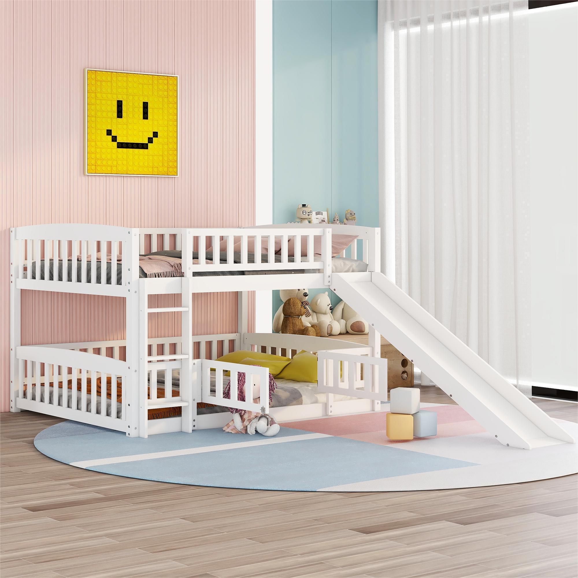 Bunk Bed with Slide,Full Over Full Low Bunk Bed with Fence and Ladder for Toddler Kids Teens White - Atlantic Fine Furniture Melbourne FL