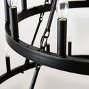 2 Tiers Wagon Wheel Chandelier Wooden Farmhouse 36 Light (24 / 12) Or (12 / 24) Metal Chandeliers 2 Story Light Fixtures Industrial For High Ceiling Living Dining Room Foyer, Adjustable Height - Black