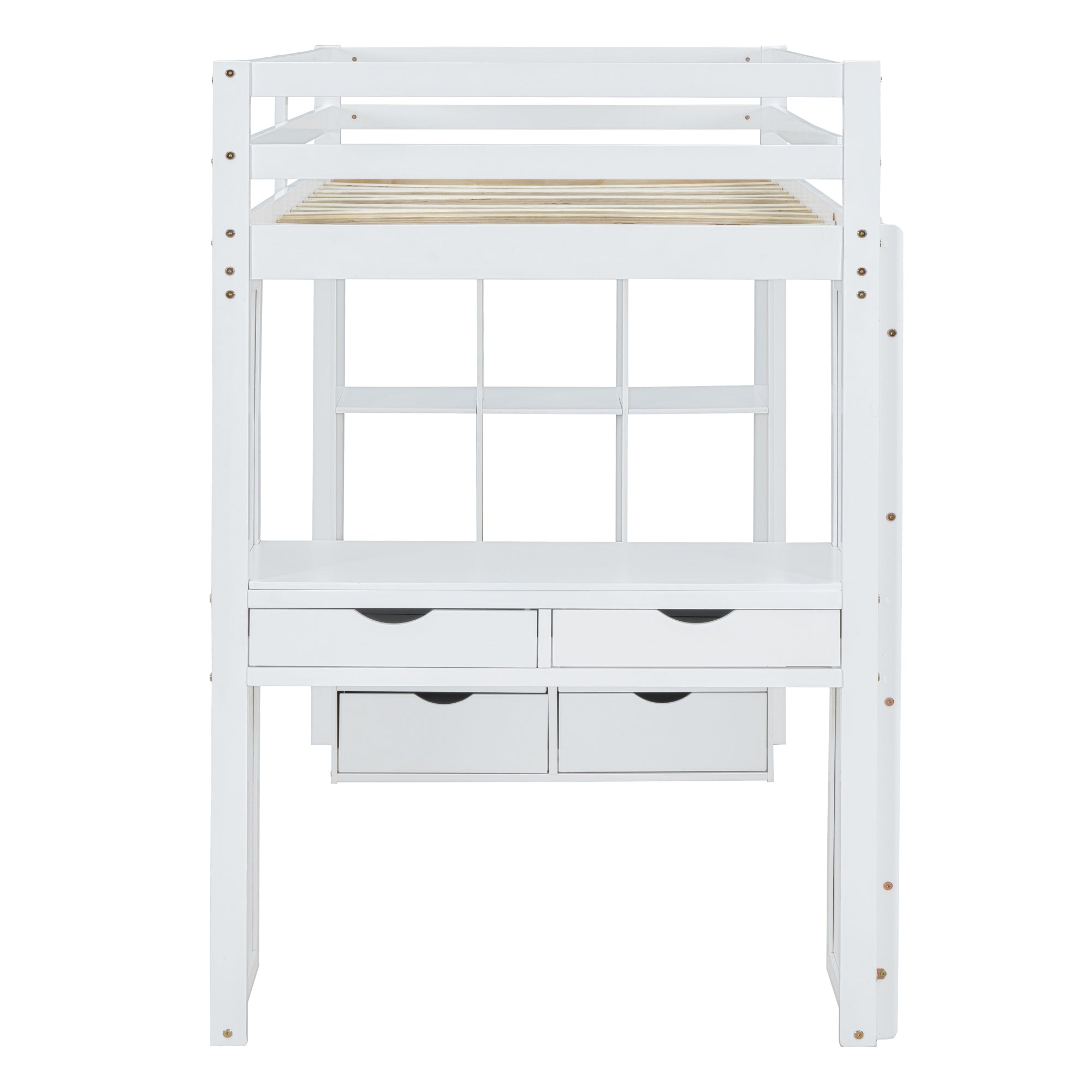 Full Size Loft Bed with large shelves, writing desk and LED Light, White - Atlantic Fine Furniture Melbourne FL