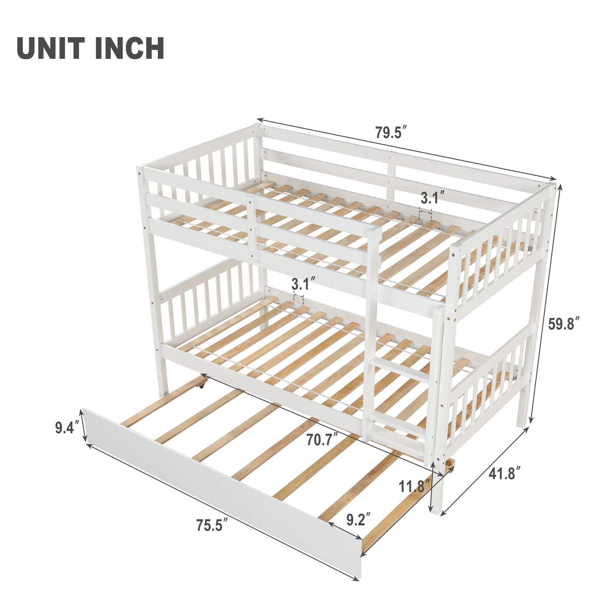 Twin Over Twin Bunk Beds with Trundle, Solid Wood Trundle Bed Frame with Safety Rail and Ladder, Kids/Teens Bedroom, Guest Room Furniture, Can Be converted into 2 Beds, White (Old Sku:W504S00028)