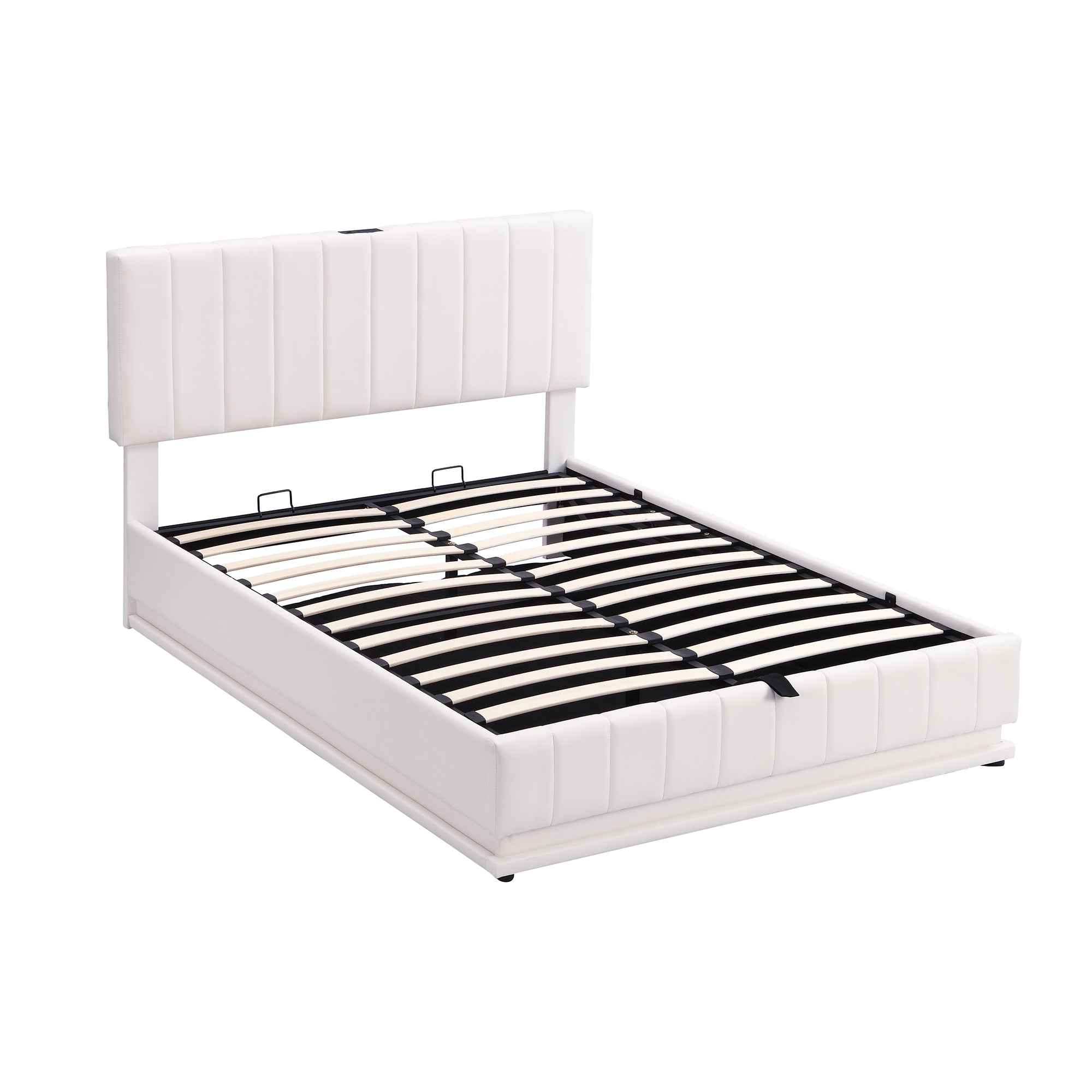 Full Size Upholstered Bed with Hydraulic Storage System and LED Light, Modern Platform Bed with Sockets and USB Ports, White - Atlantic Fine Furniture Melbourne FL