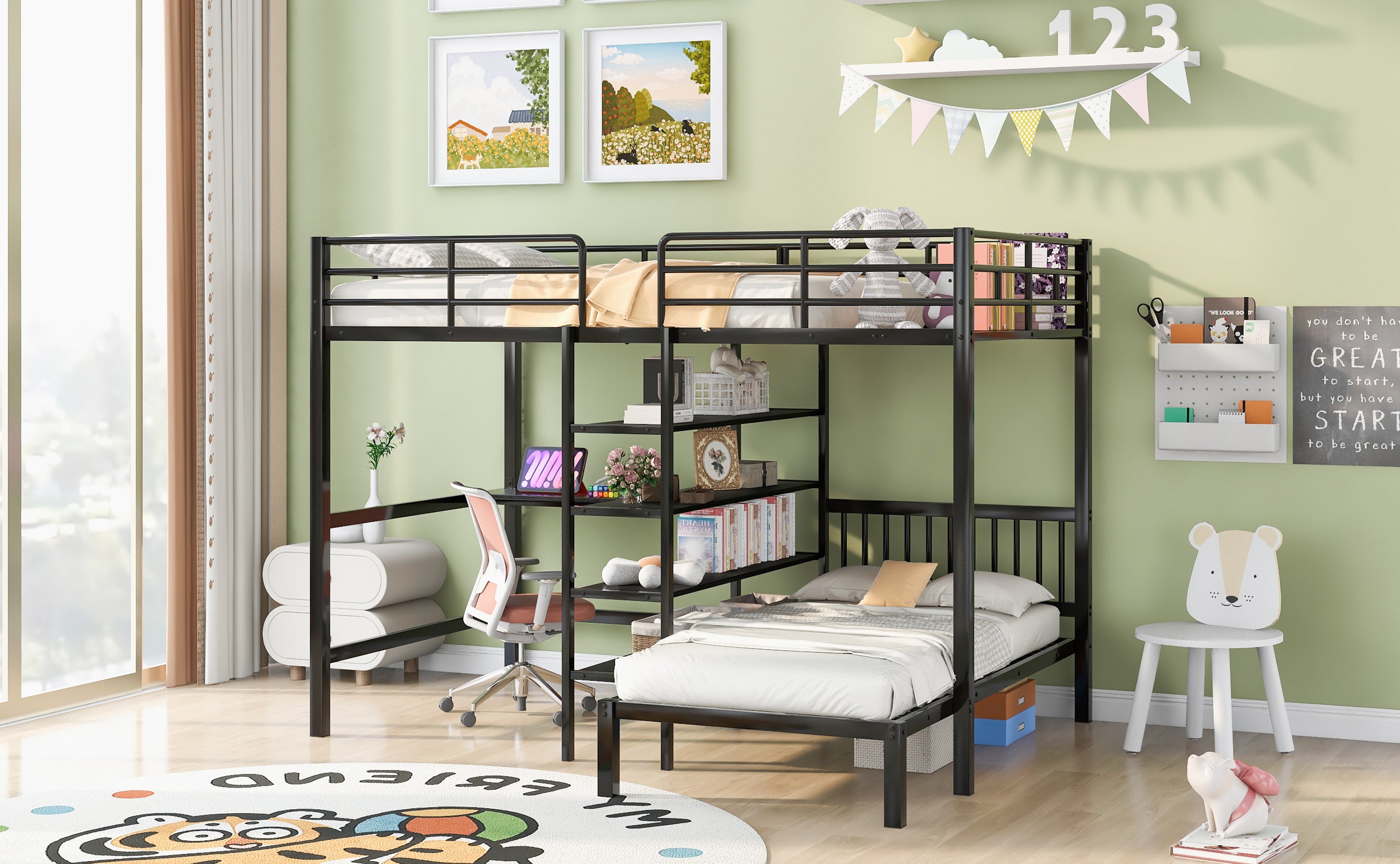 Full Over Twin Metal Bunk Bed with Built-in Desk, Shelves and Ladder, Black - Atlantic Fine Furniture Melbourne FL