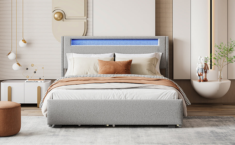 Queen Size Upholstered Platform Bed with LED Frame, with Twin XL Size Trundle and 2 drawers, Teddy Fleece, Gray