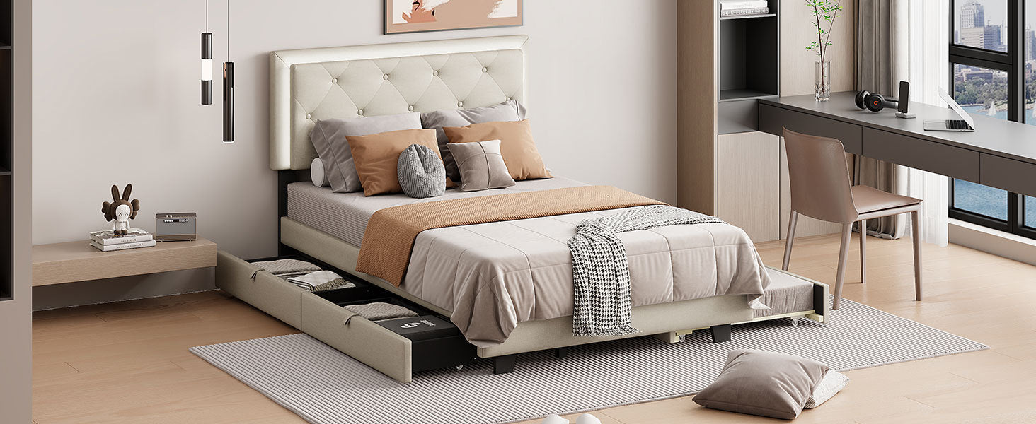 Full Size Velvet Storage Platform Bed, with 2 Big Drawers, T Size Trundle and LED Light, Beige - Atlantic Fine Furniture Melbourne FL