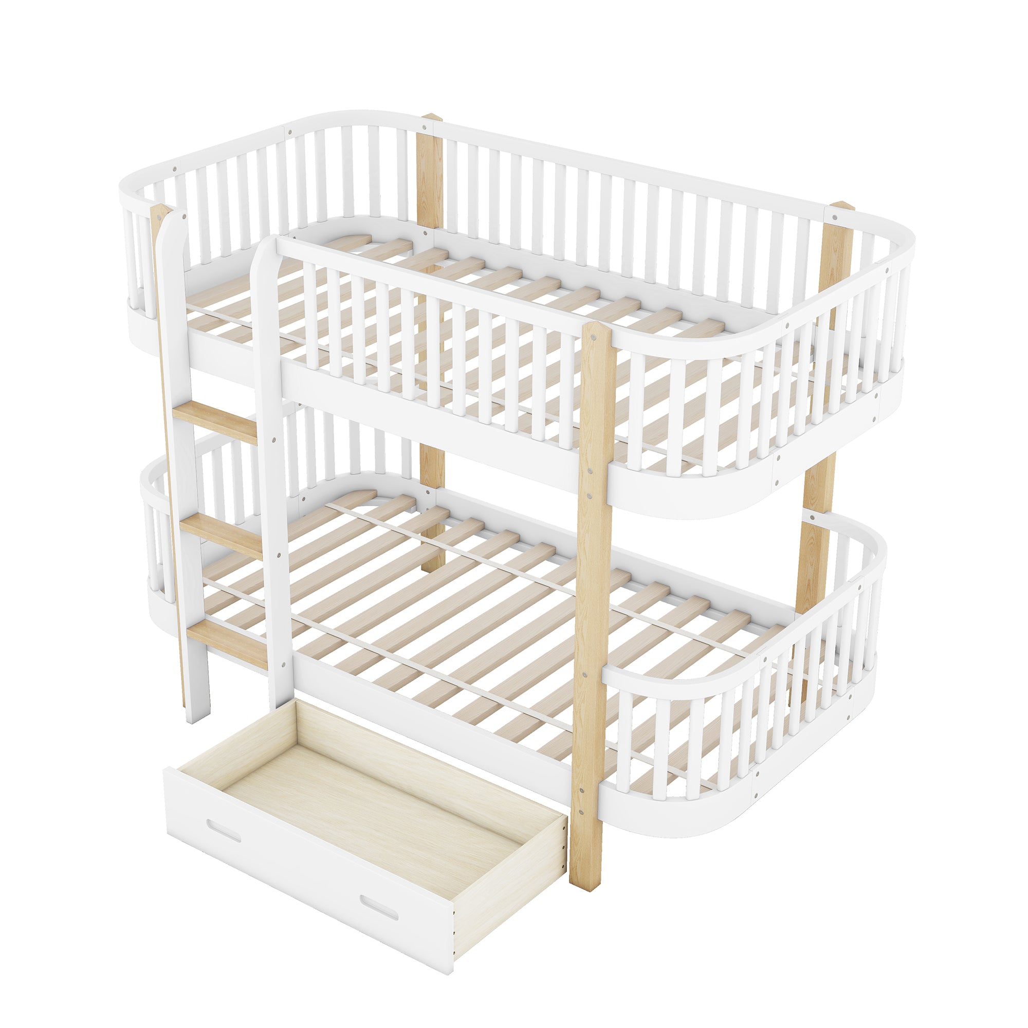 Wood Twin over Twin Bunk Bed with Fence Guardrail and a Big Drawer, White - Atlantic Fine Furniture Melbourne FL