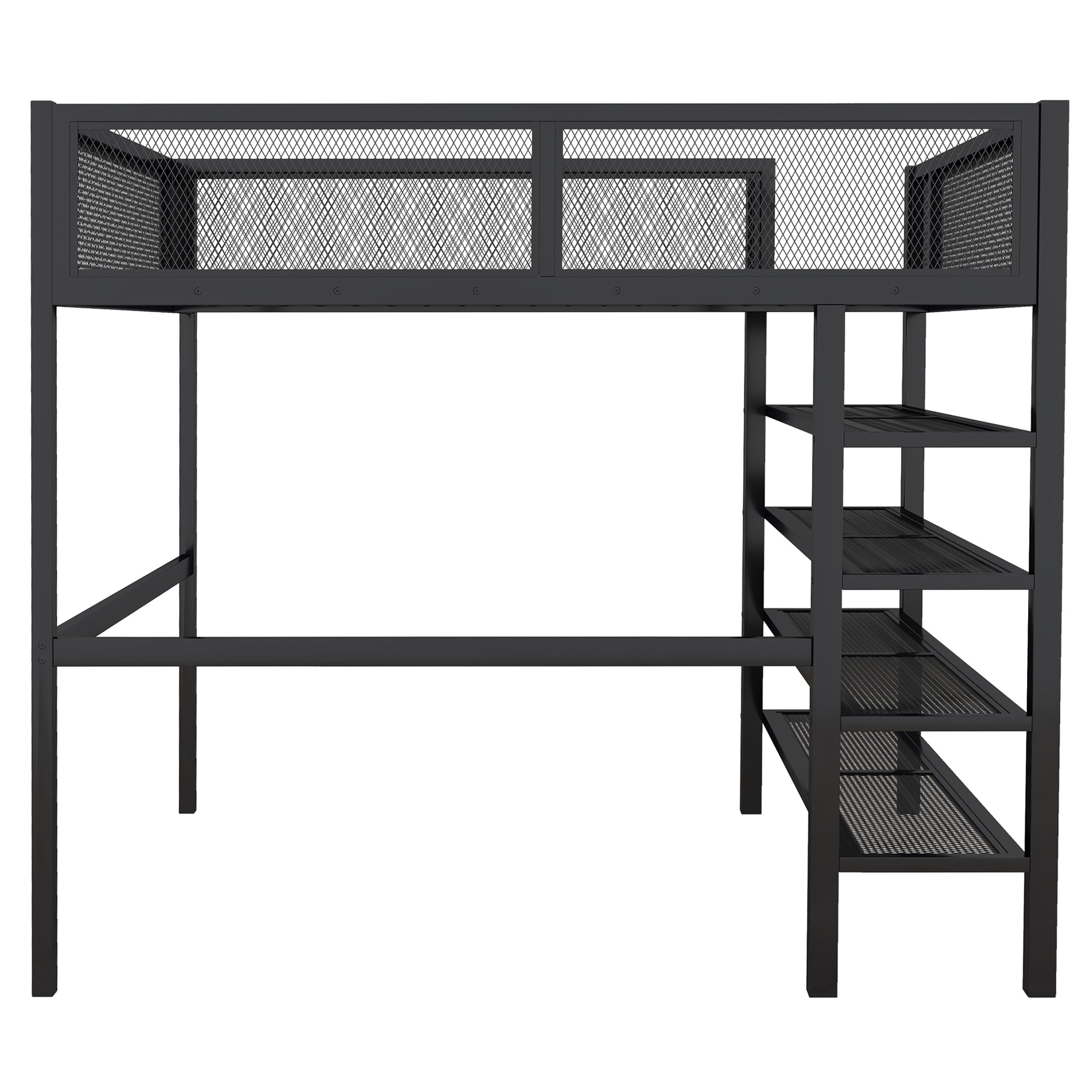 Full Size Metal Loft Bed with 4-Tier Shelves and Storage, Black - Atlantic Fine Furniture Melbourne FL