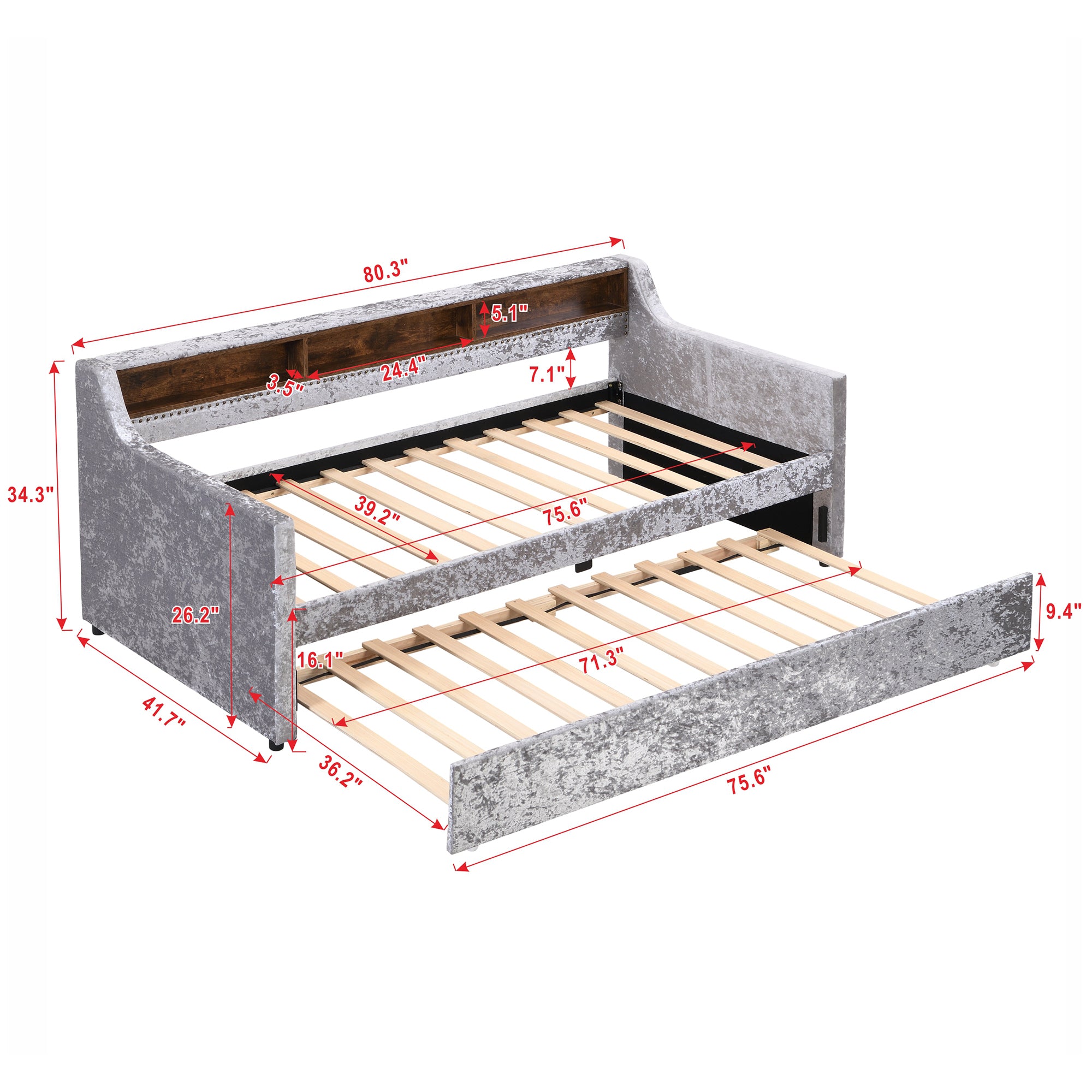 Twin Size Snowflake Velvet Daybed with Trundle and Built-in Storage Shelves,Gray - Atlantic Fine Furniture Melbourne FL