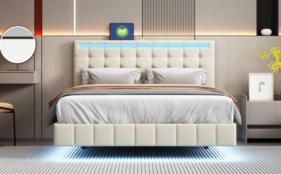 Queen Size Floating Bed Frame with LED Lights and USB Charging,Modern Upholstered Platform LED Bed Frame,Beige - Atlantic Fine Furniture Melbourne FL