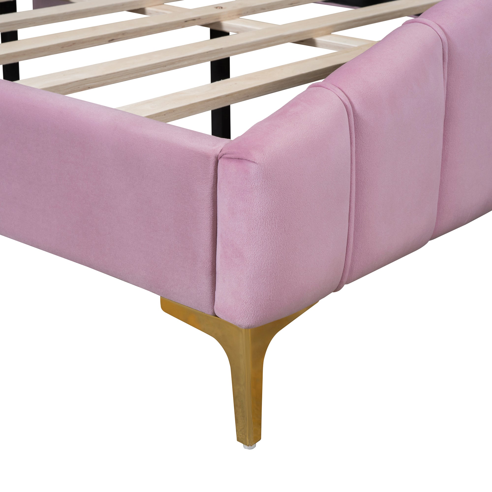 Queen Size Velvet Platform Bed with Thick Fabric, Stylish Stripe Decorated Bedboard and Elegant Metal Bed Leg, Pink - Atlantic Fine Furniture Melbourne FL
