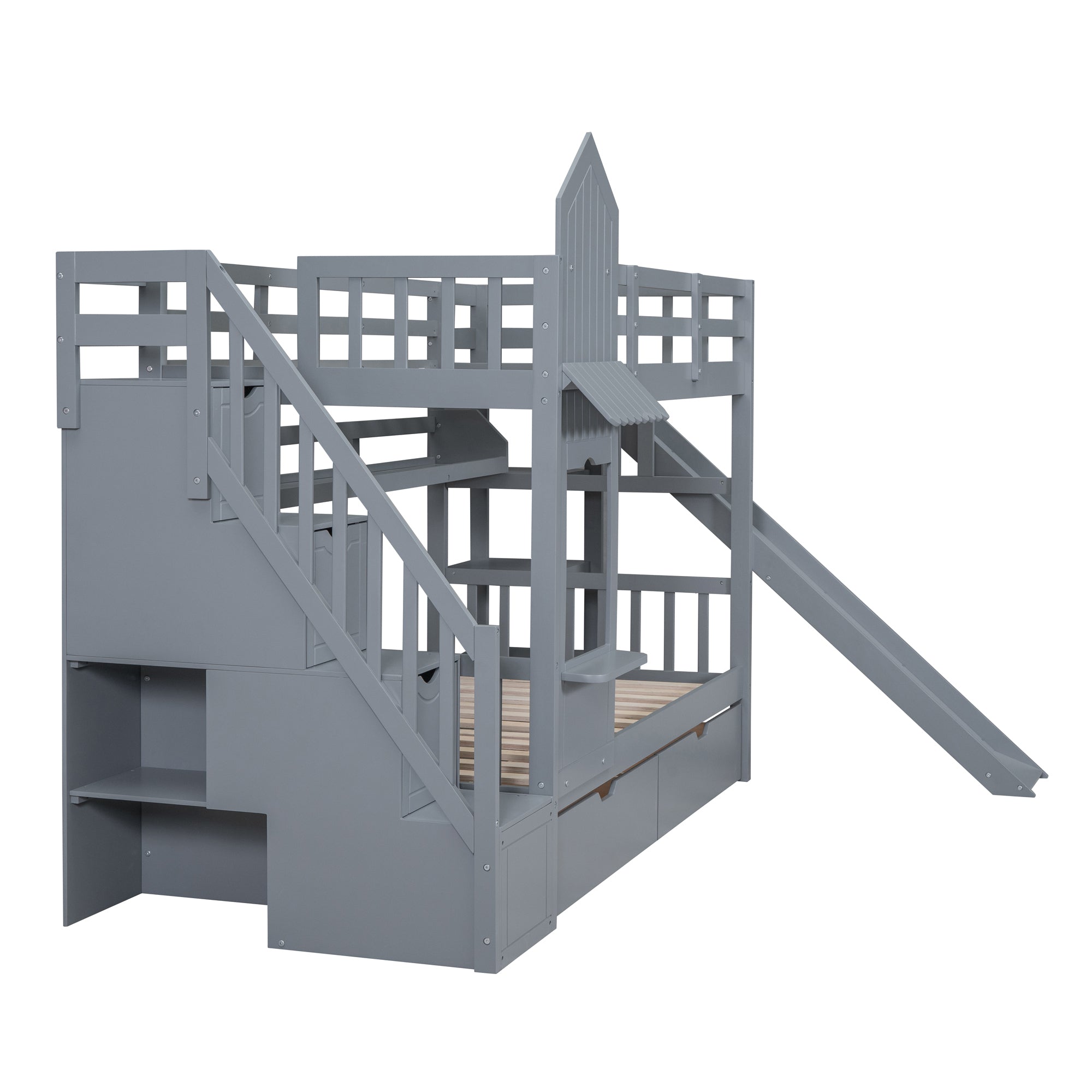 Twin-Over-Twin Castle Style Bunk Bed with 2 Drawers 3 Shelves and Slide - Gray - Atlantic Fine Furniture Melbourne FL