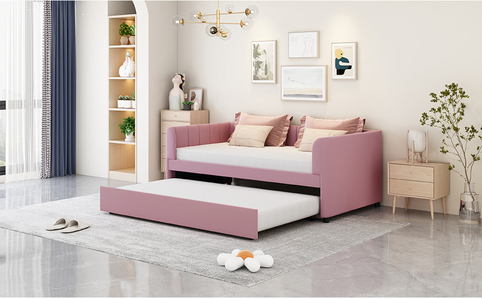 Twin Size Upholstered Daybed with Ergonomic Design Backrest and Trundle, Pink - Atlantic Fine Furniture Melbourne FL
