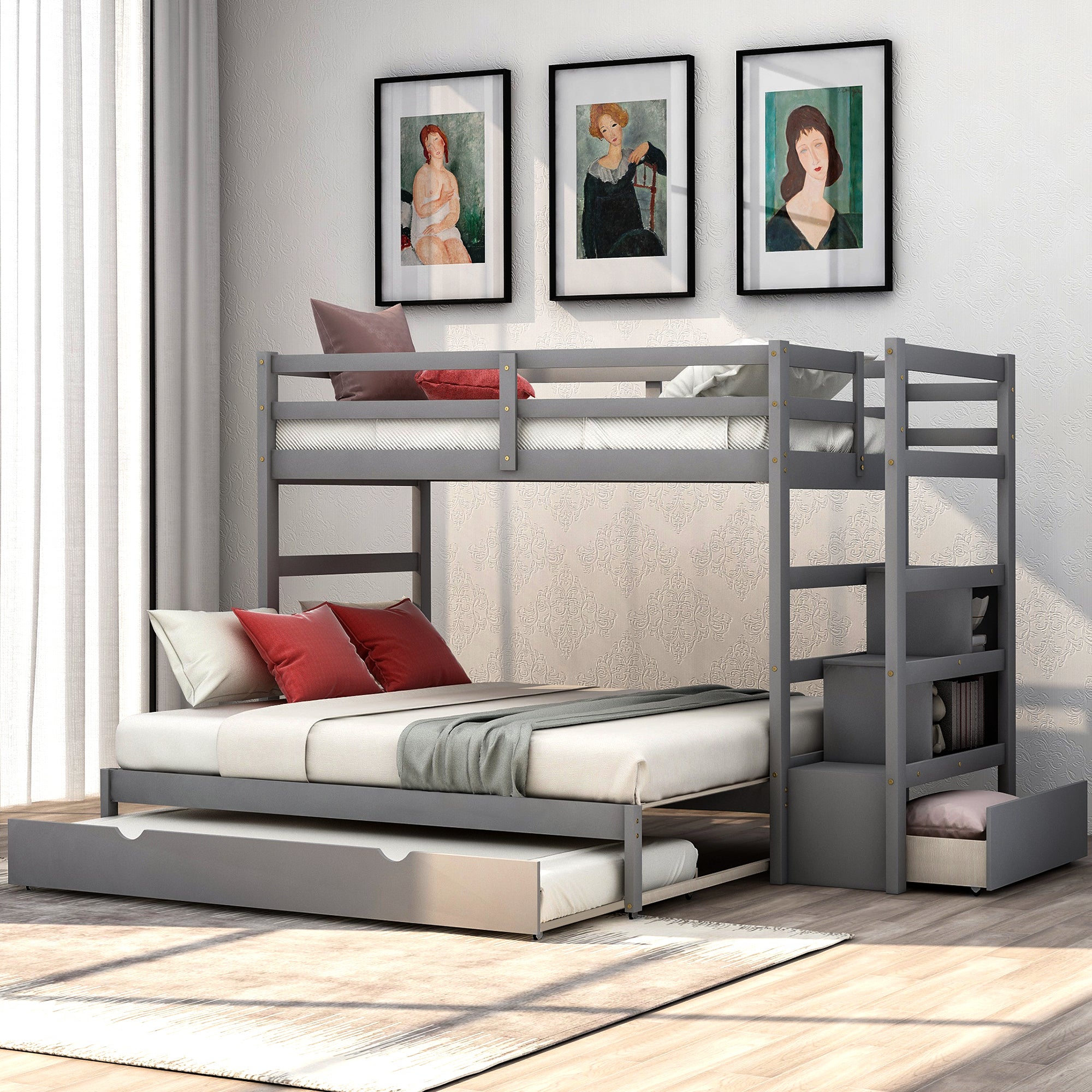 Twin over Twin/King (Irregular King Size) Bunk Bed with Twin Size Trundle, Extendable Bunk Bed (Gray)(OLD SKU :LP000032AAE)